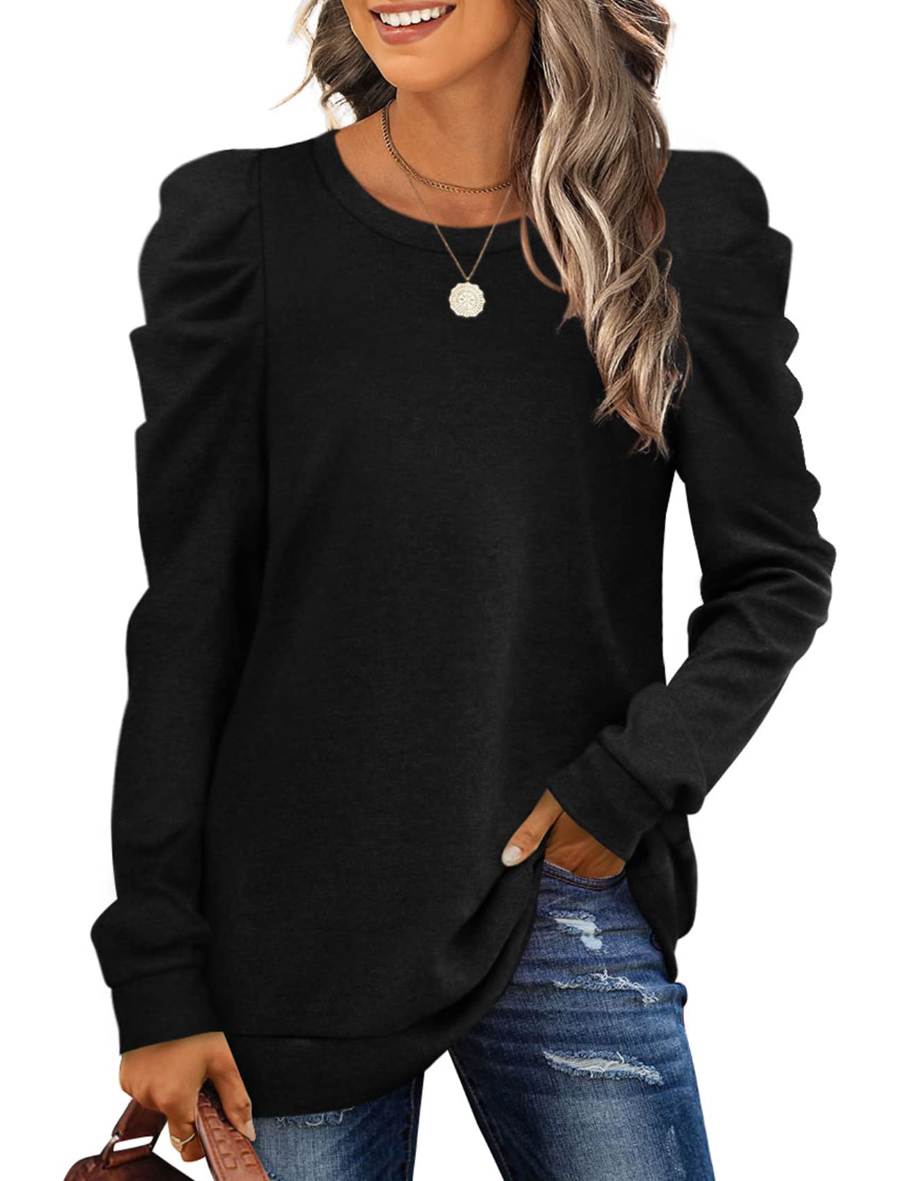 XIEERDUO Women's Crewneck Sweatshirt - Trendy Puff Sleeve Tunic Sweater for Fall | Loose Fit Casual Pullover | Perfect for Autumn Outfits, Coffee Dates & Weekend Errands