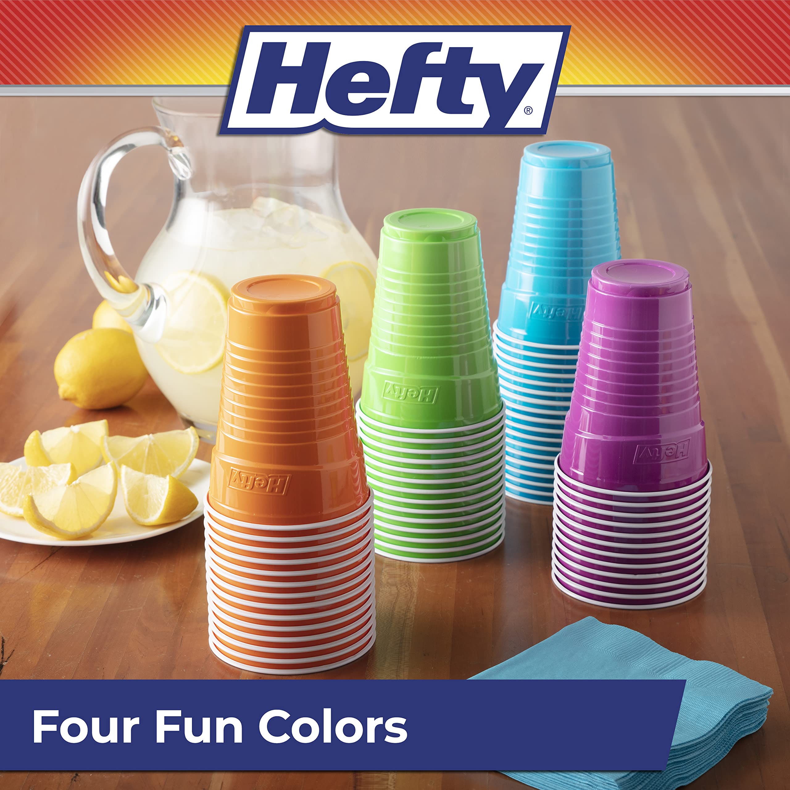 Hefty Party On Multicolor Disposable Plastic Cups - 16oz (100 Count) | Orange, Purple, Blue & Green | Easy-Grip Design for Parties, BBQs & Outdoor Events