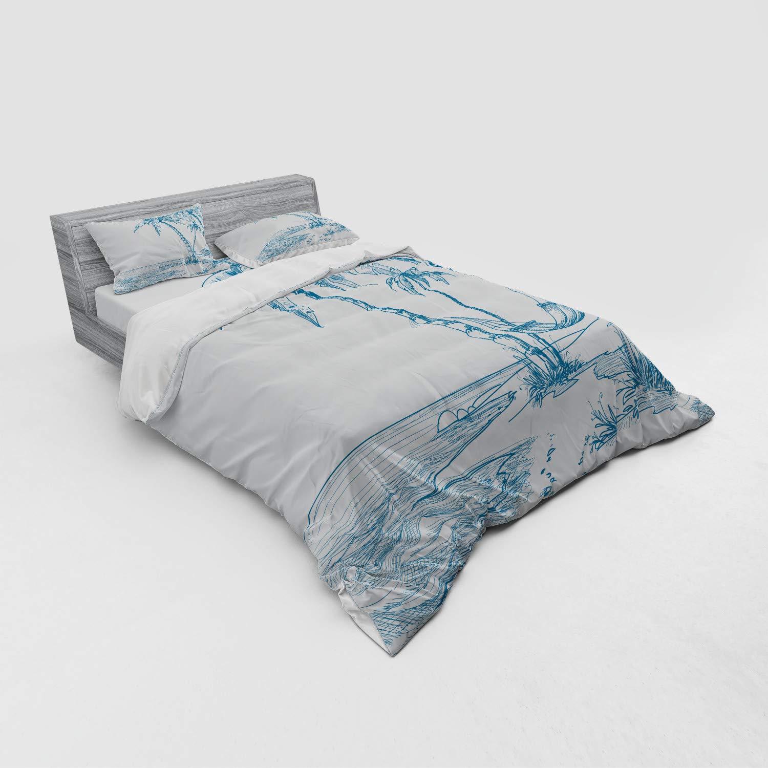 Ambesonne Tropical Beach Duvet Cover Set - Queen Size 4-Piece Bedding with Palm Tree & Hammock Design, Blue & White Hawaiian Theme - Perfect for Beach House, Vacation Rental or Coastal Bedroom Decor