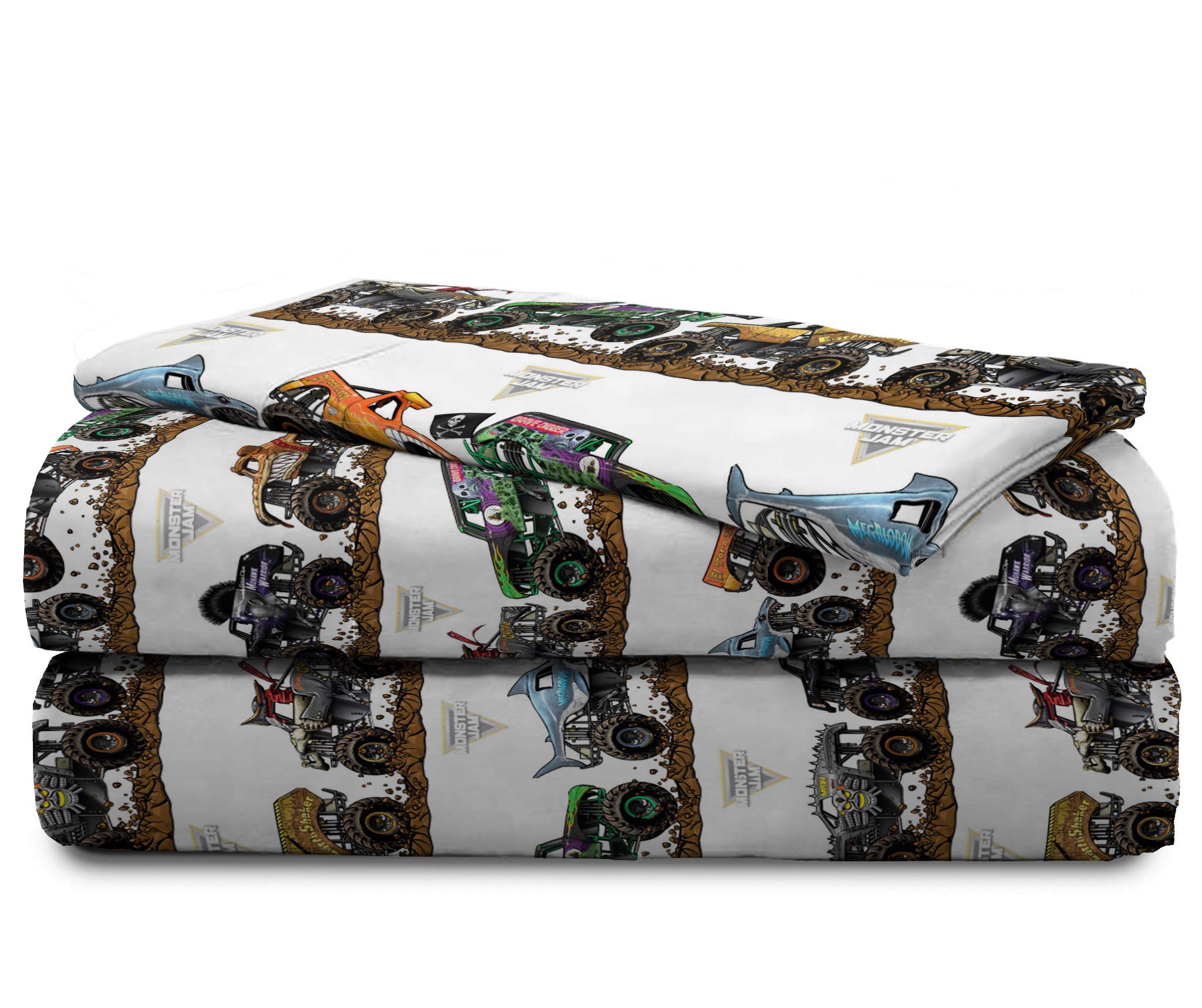 Jay Franco Monster Jam Tracks 4-Piece Twin Bedding Set - Official Grave Digger & Megalodon Comforter & Sheet Set - Ultra Soft Fade Resistant Microfiber - Perfect for Kids' Rooms & Monster Truck Themed Bedrooms