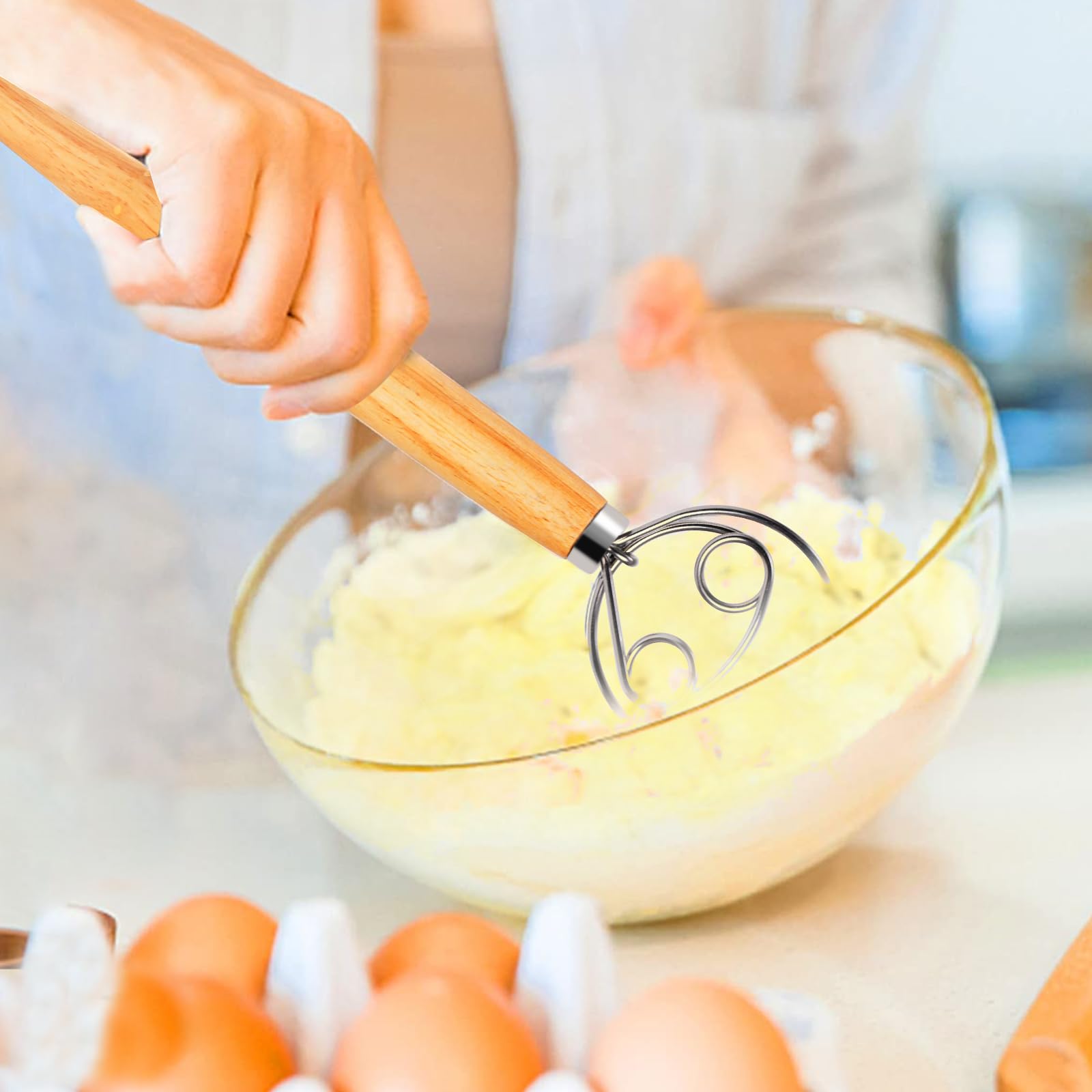 Premium Stainless Steel Danish Dough Whisk - 13 Inch Large Bread Mixer for Baking, Traditional Dutch Style Whisking Tool with Cleaning Brush - Perfect for Homemade Bread, Pizza Dough & Pastry Making