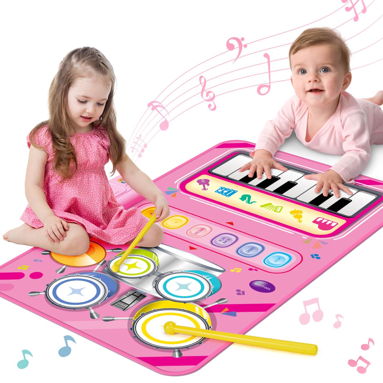 SYHLN 2-in-1 Piano & Drum Musical Play Mat - Montessori Learning & Sensory Toy for 1-2 Year Old Girls - Perfect Birthday Gift, Christmas Stocking Stuffer & Toddler Educational Toy | Great for Early Childhood Development & Interactive Playtime
