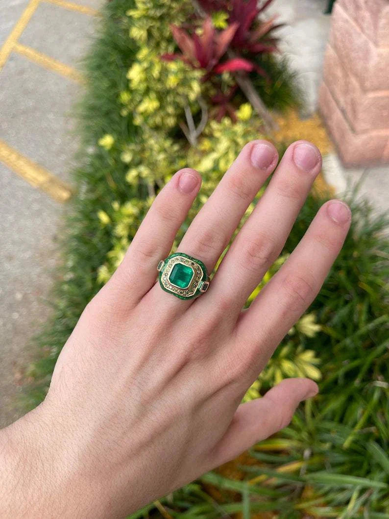 5.30 Carat Colombian Emerald & Diamond Men's Ring in 14K Gold with Enamel - Luxury Wedding Band, Anniversary Gift for Him, Perfect for Special Occasions