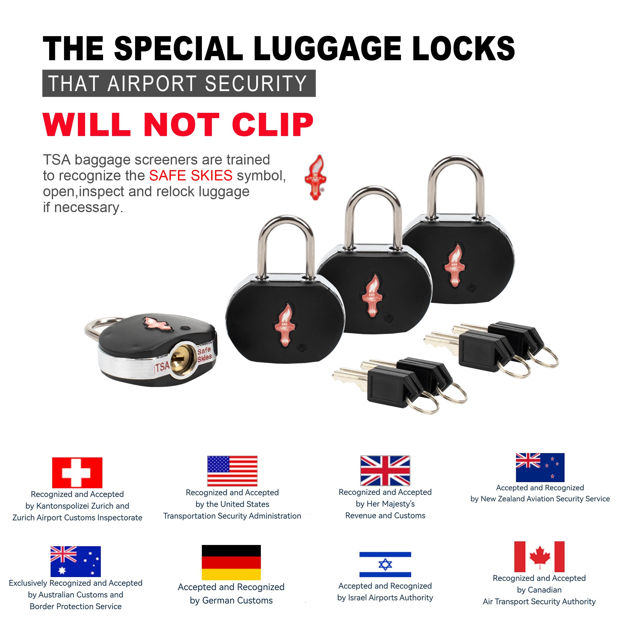 4-Pack Black TSA Approved Luggage Locks - Secure Suitcases, Carry-On Bags, Backpacks & Laptop Cases - Perfect for Travel, Business Trips & Airport Security