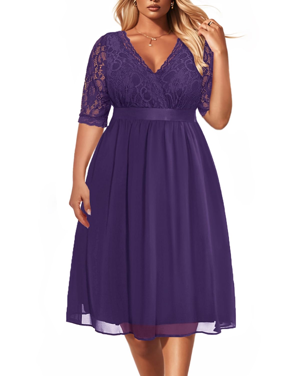 Plus Size Lace Chiffon Wrap V-Neck Cocktail Dress for Women | Elegant Wedding Guest Midi Dress | Perfect for Parties, Date Nights & Special Occasions