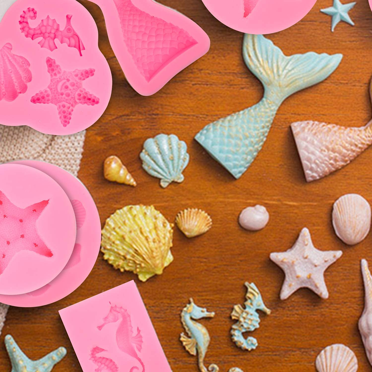 6Pcs Ocean Theme Silicone Molds Set - Mermaid Tail, Seahorse, Sea Turtle & Seashell for Fondant, Chocolate, Resin, Soap Making - Perfect for Birthday Parties, Cupcake Toppers & Cake Decorations (DIY Candy, Ice Cube, Gum Clay, Biscuit Crafts)