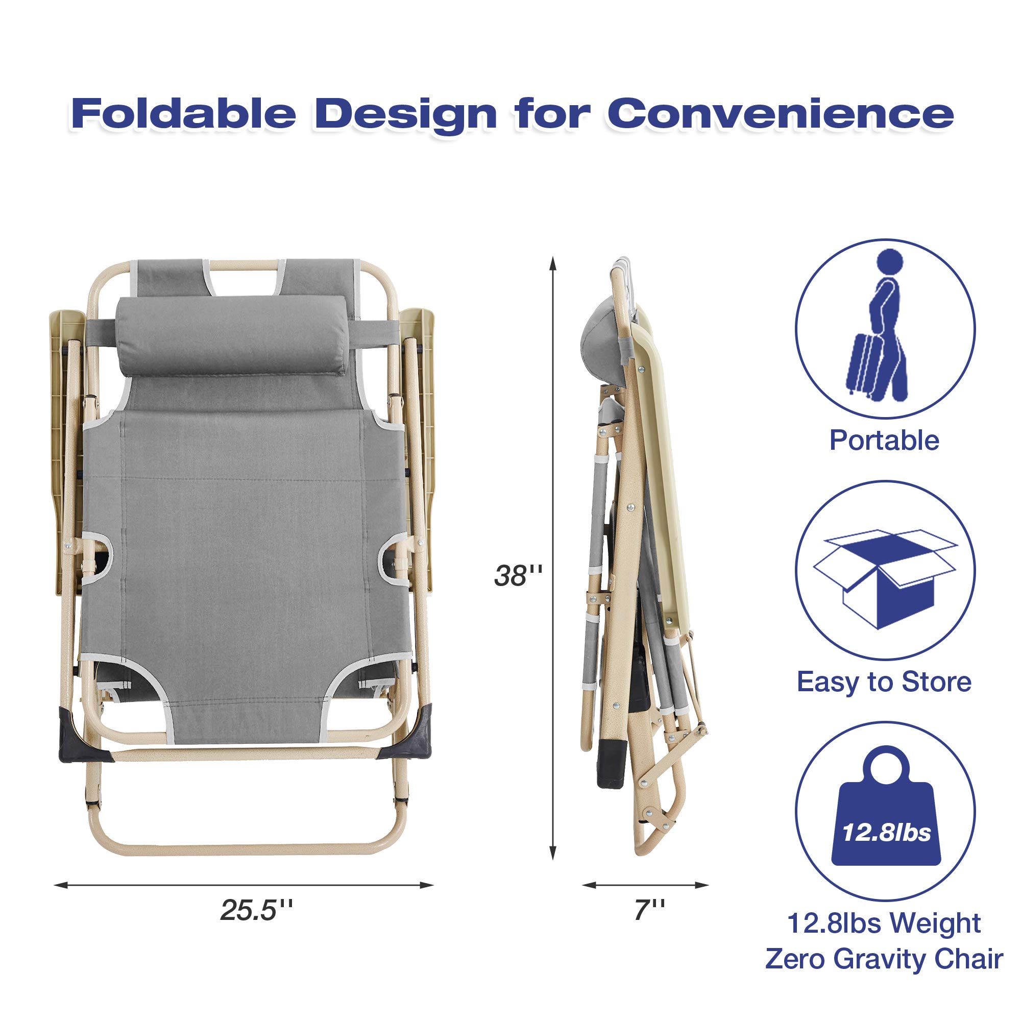 4-Pack Lightweight Folding Chaise Lounge Chairs for Outdoor Patio - Adjustable Recliner with Footrest & Removable Pillow, Grey - Perfect for Poolside, Beach, Backyard Relaxation and Sunbathing