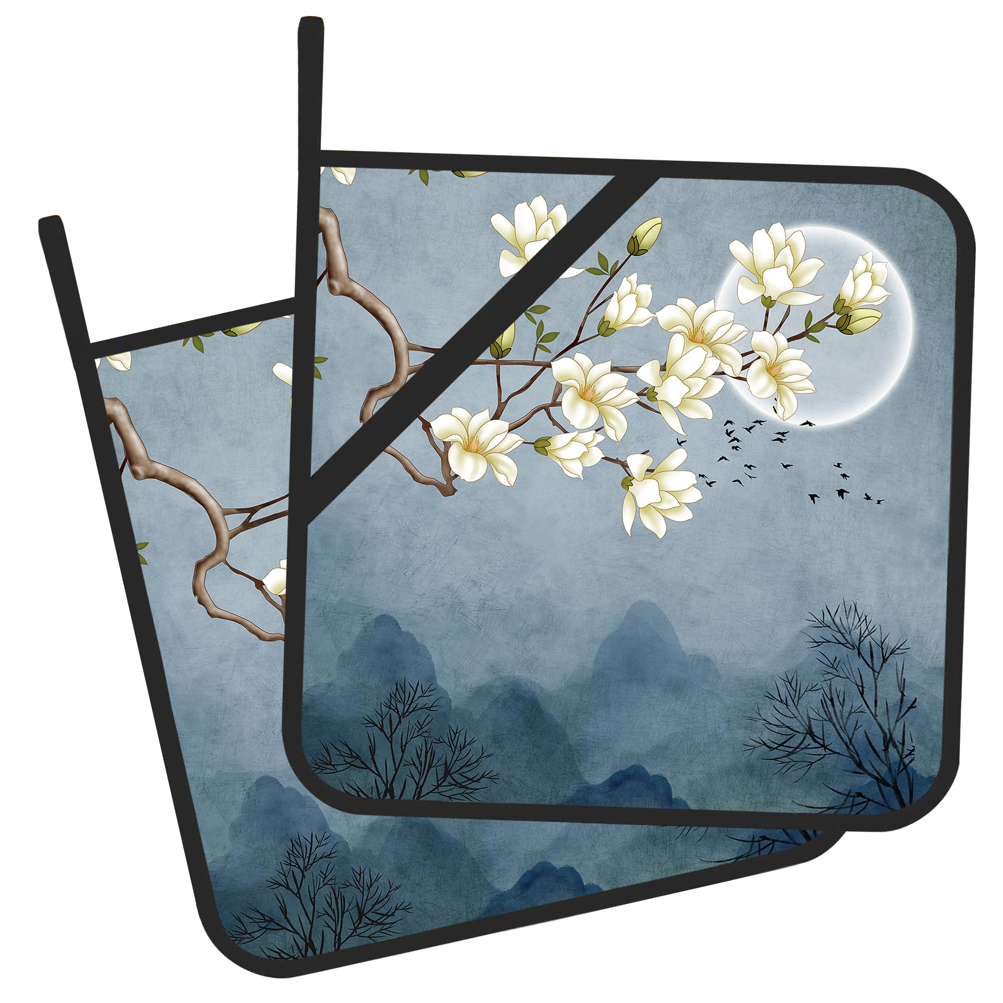 **2-Pack Japanese Moon Blossom Heat Resistant Pot Holders – BBQ, Baking & Cooking Hand Protection for Men & Women – Perfect for Grilling, Oven Use & Hot Dish Handling**