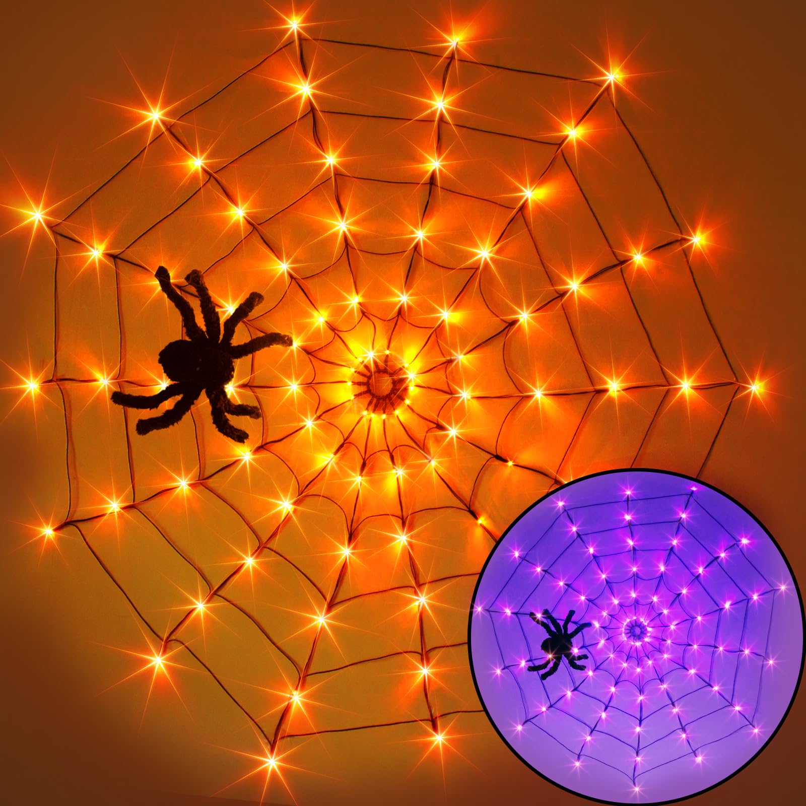 Vanthylit Halloween Decorations - 4FT 84LED Spider Web Lights with Black Spider for Indoor & Outdoor Haunted House Decor (Orange & Purple) - Perfect for Window, Room, Yard, and Party Halloween Lighting