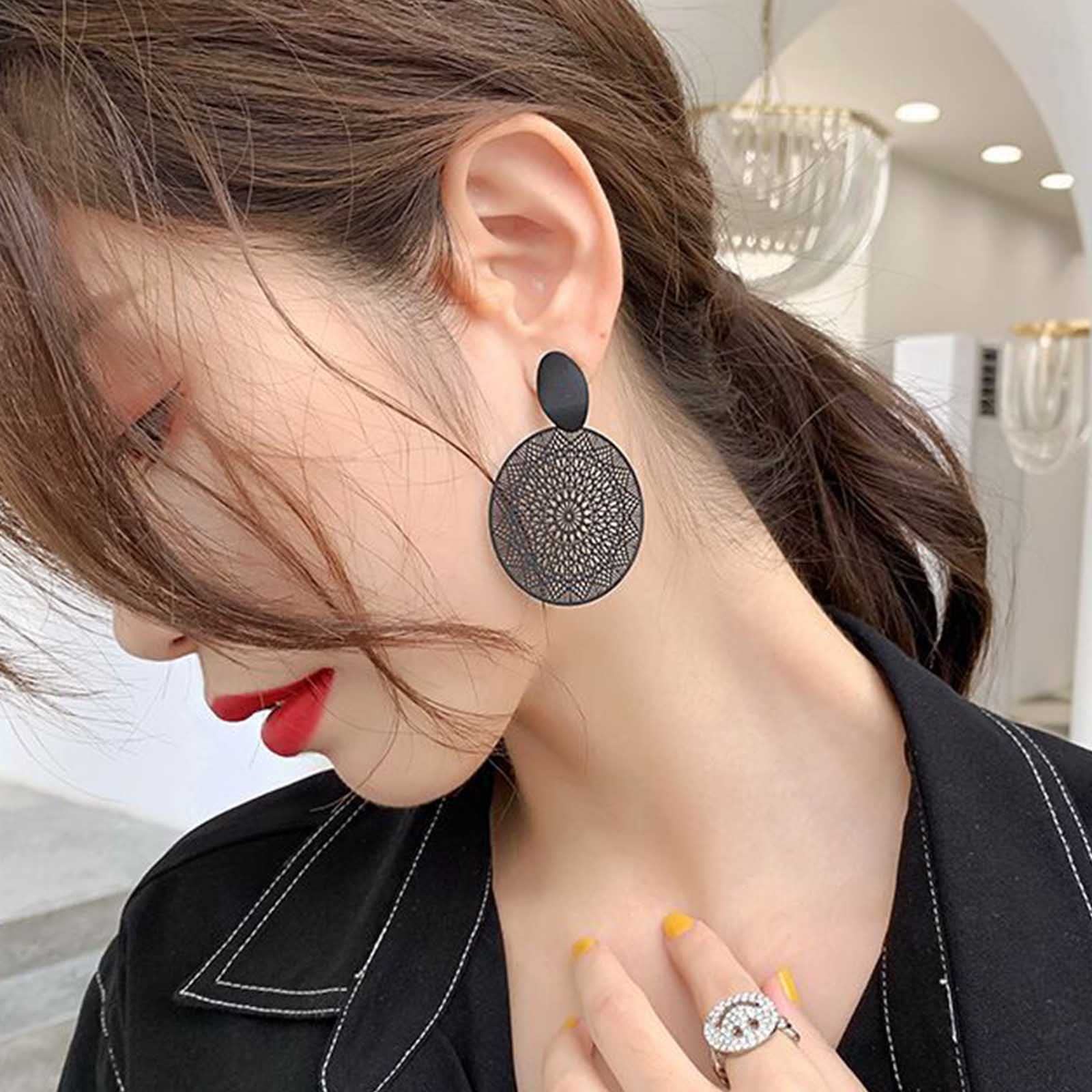 Boho Black Floral Vintage Drop Dangle Earrings for Women - Unique Lace Disc Geometric Hoop Statement Jewelry - Perfect for Parties, Weddings & Boho Fashion