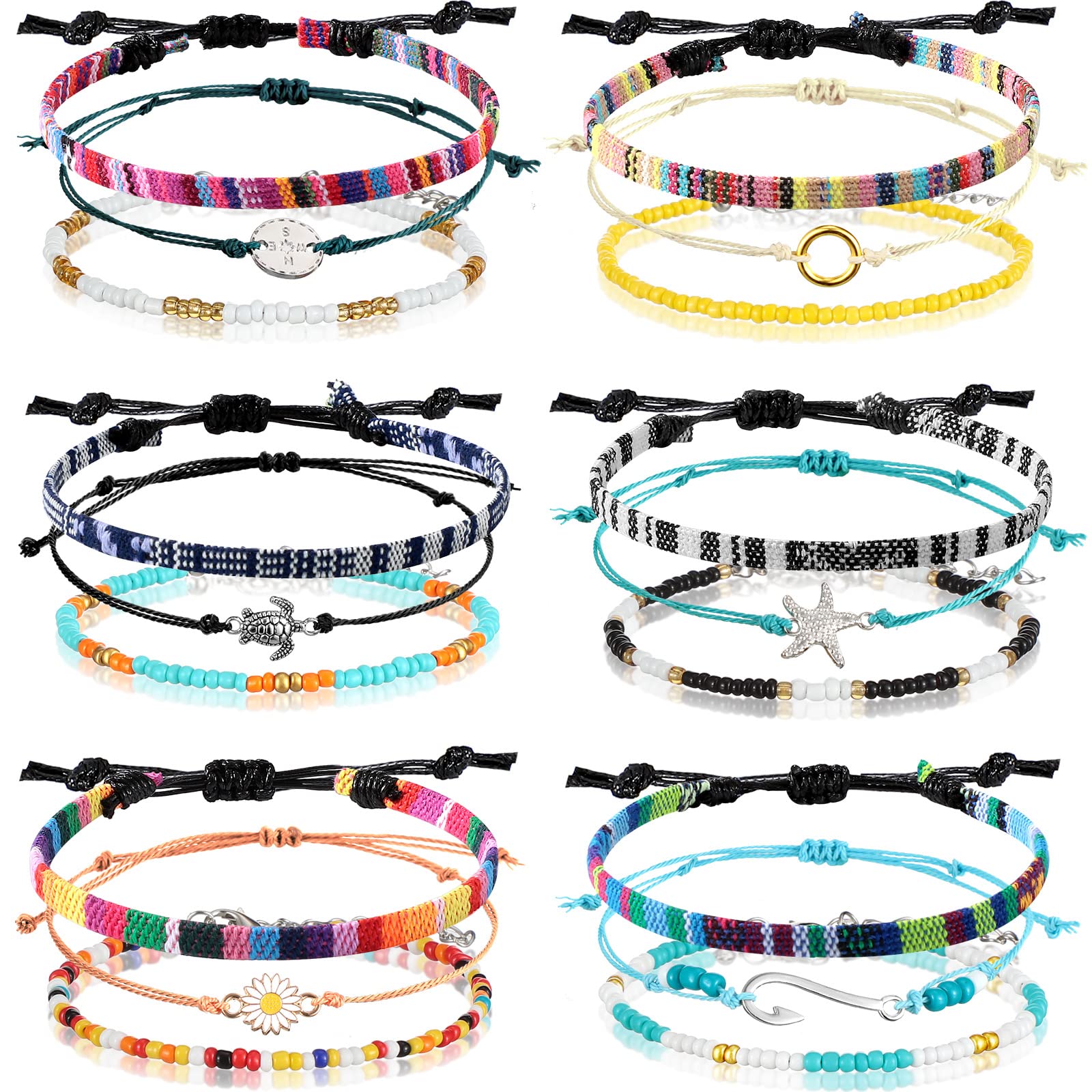 Jadive 6-Piece Bohemian Surfer Bracelet Set - Adjustable Woven Ankle & Wrist Bracelets for Women - Perfect for Beach, Festival & Christmas Gifts