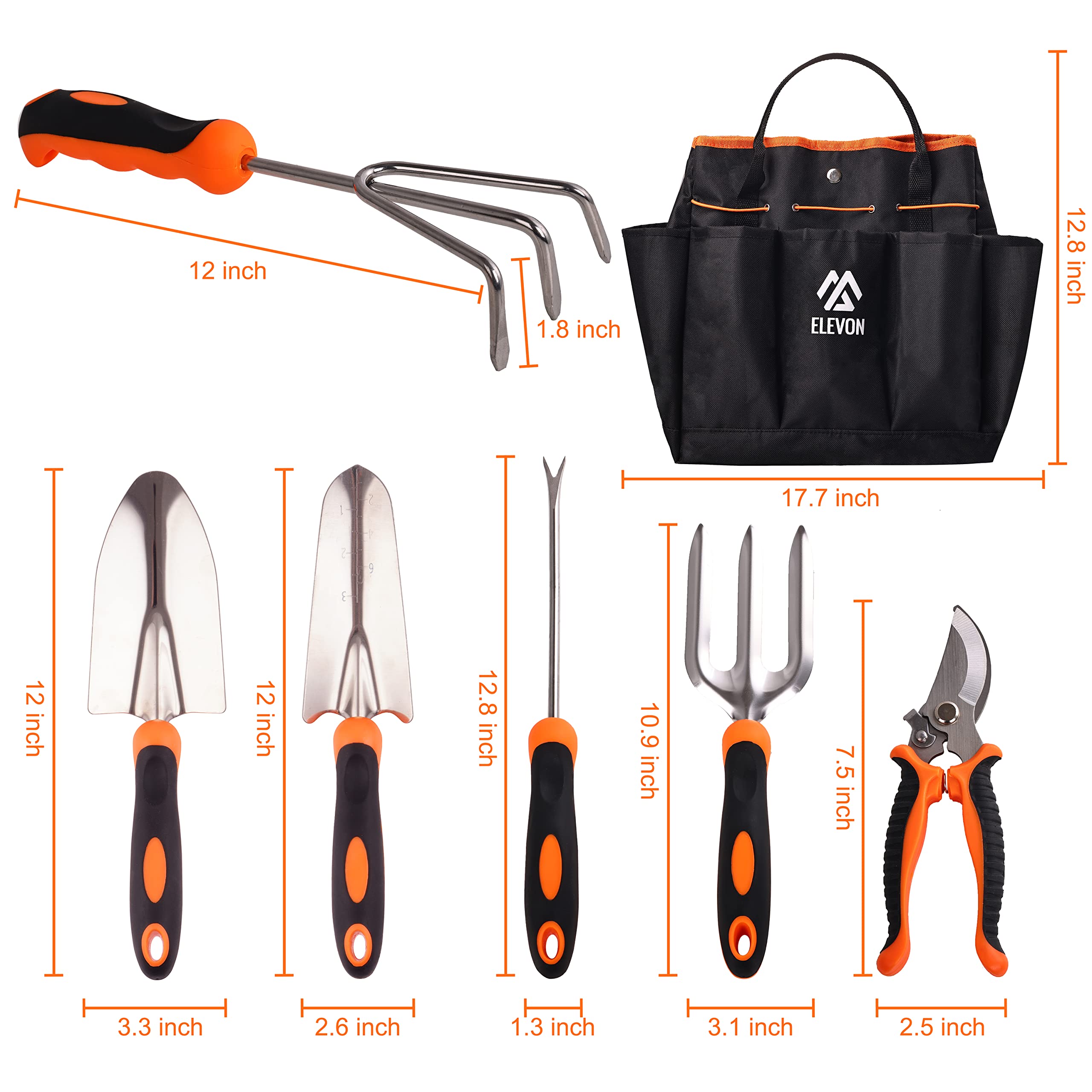 Premium Stainless Steel Heavy Duty Gardening Tool Set with Ergonomic Handles - 7-Piece Durable Kit Includes Storage Bag (Orange) - Perfect for Planting, Weeding & Landscaping - Ideal Gift for Men & Women Gardeners