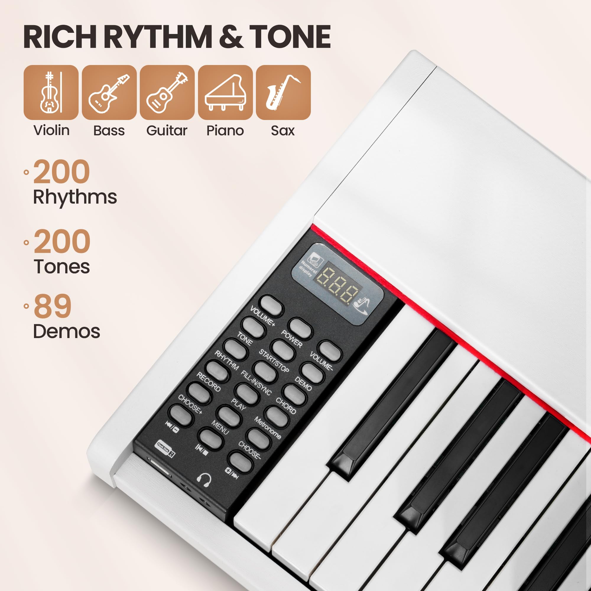 Rengue 88-Key Digital Piano for Beginners - Full Size Semi-Weighted Electronic Keyboard with Stand, Sustain Pedal & Carrying Bag | MIDI/USB/MP3 Connectivity | Portable Keyboard Piano for Adults & Kids | Perfect for Home Practice, Music Lessons & Live Performances (White)