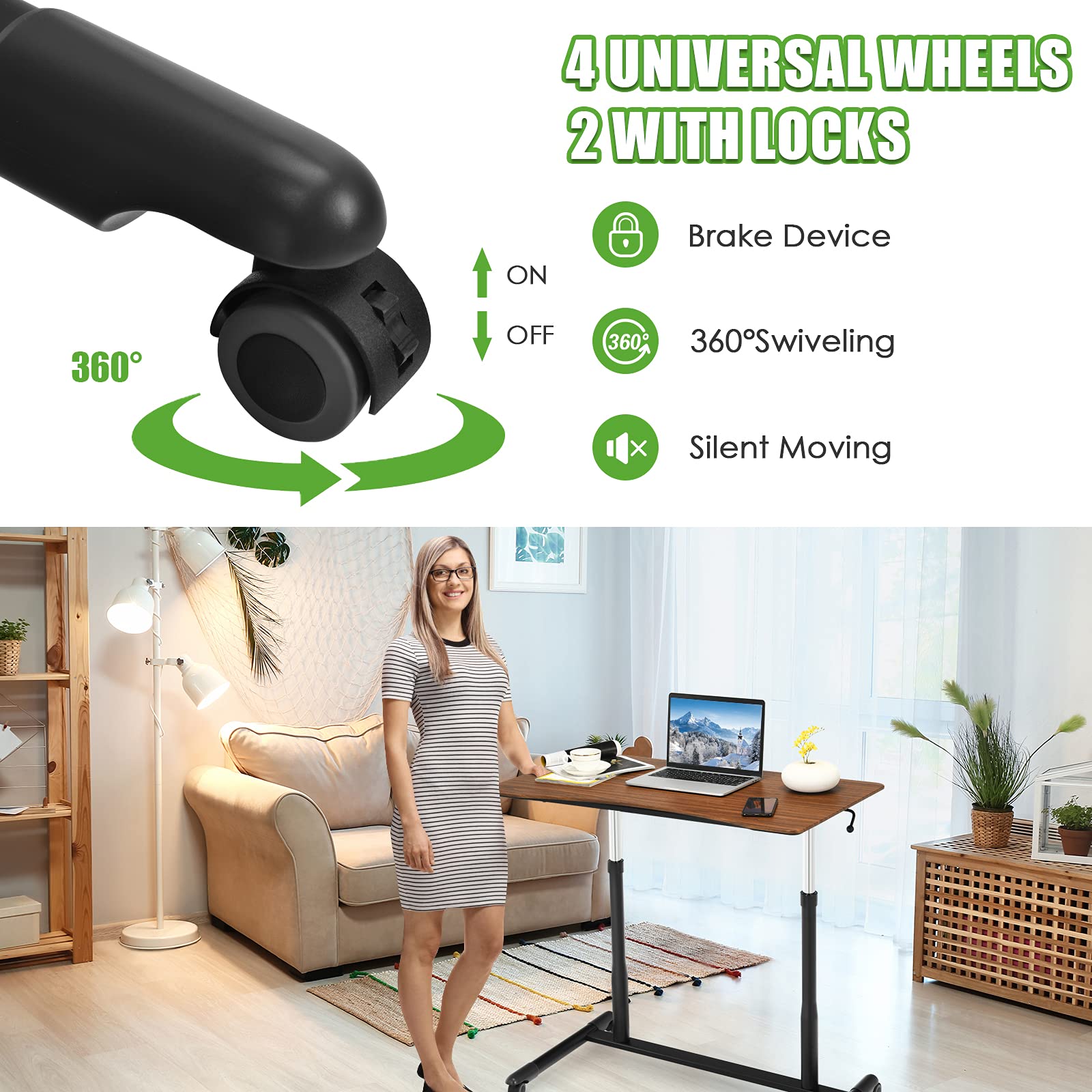 Tangkula Adjustable Height Mobile Standing Desk with Wheels - Rolling Compact Computer Desk for Home Office, Steel Frame & MDF PVC Tabletop (Brown) - Perfect for Small Spaces, Work from Home & Office Ergonomics
