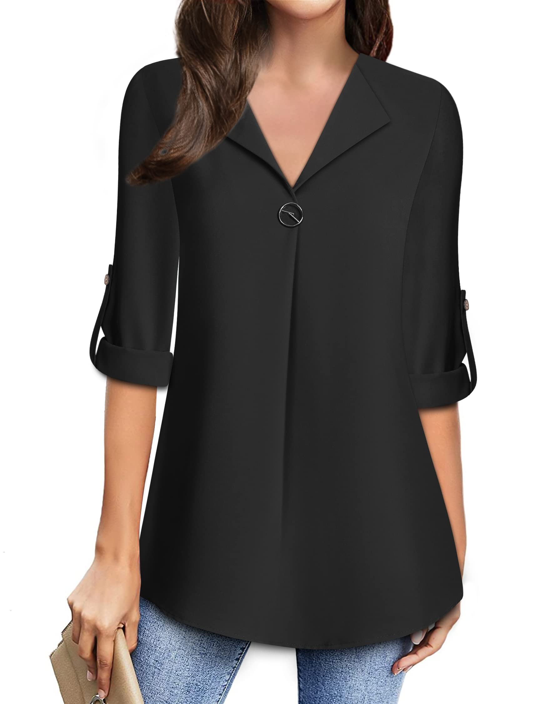 MOQIVGI Women's Roll Up 3/4 Sleeve Chiffon Blouse - Trendy V-Neck Dressy Work & Casual Top for Office, Date Night & Everyday Wear