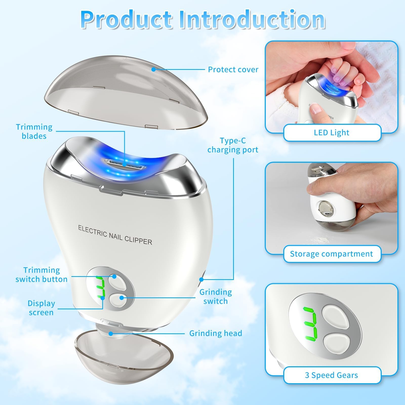 Electric Nail Clipper with LED Light & Storage Box - Cordless Safety Nail Trimmer for Baby, Adult & Seniors - 3 Speed Adjustable Gears for Gentle & Precise Trimming - Perfect for Home, Travel & Daily Nail Care