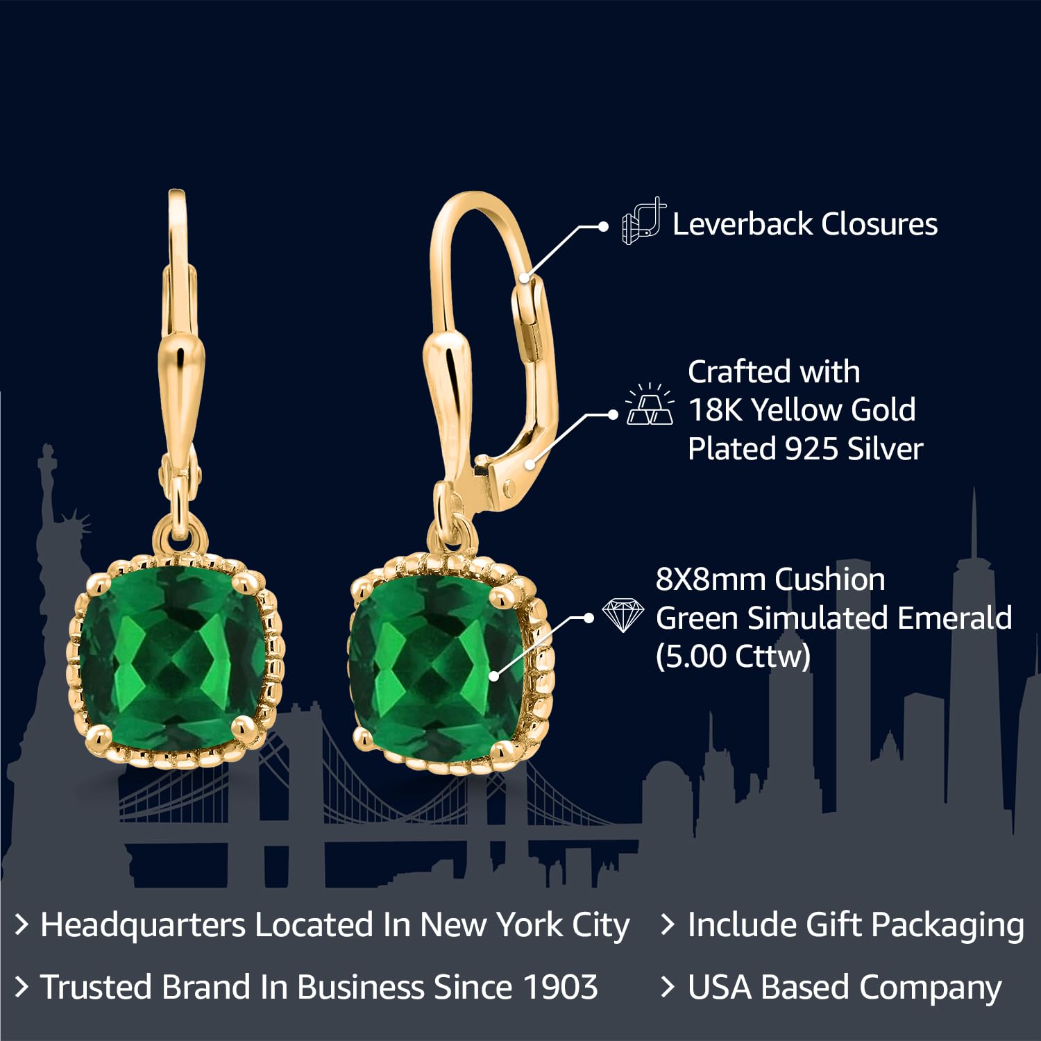 18K Yellow Gold Plated Silver 8MM Cushion Gemstone Birthstone Drop Dangle Earrings for Women | Leverback Gold Earrings | Perfect for Birthdays, Anniversaries & Special Occasions
