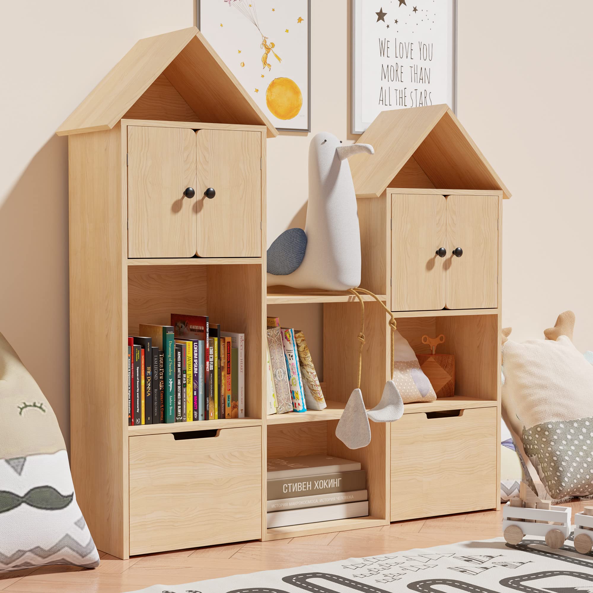 Cozy Castle Wooden Kids Bookshelf with Toy Storage Box & Wheels - Sturdy Oak Bookcase Organizer for Playroom, Bedroom, Nursery | Perfect Gift for Toddlers Ages 3+ | Great for Storytime, Toy Organization & Room Decor