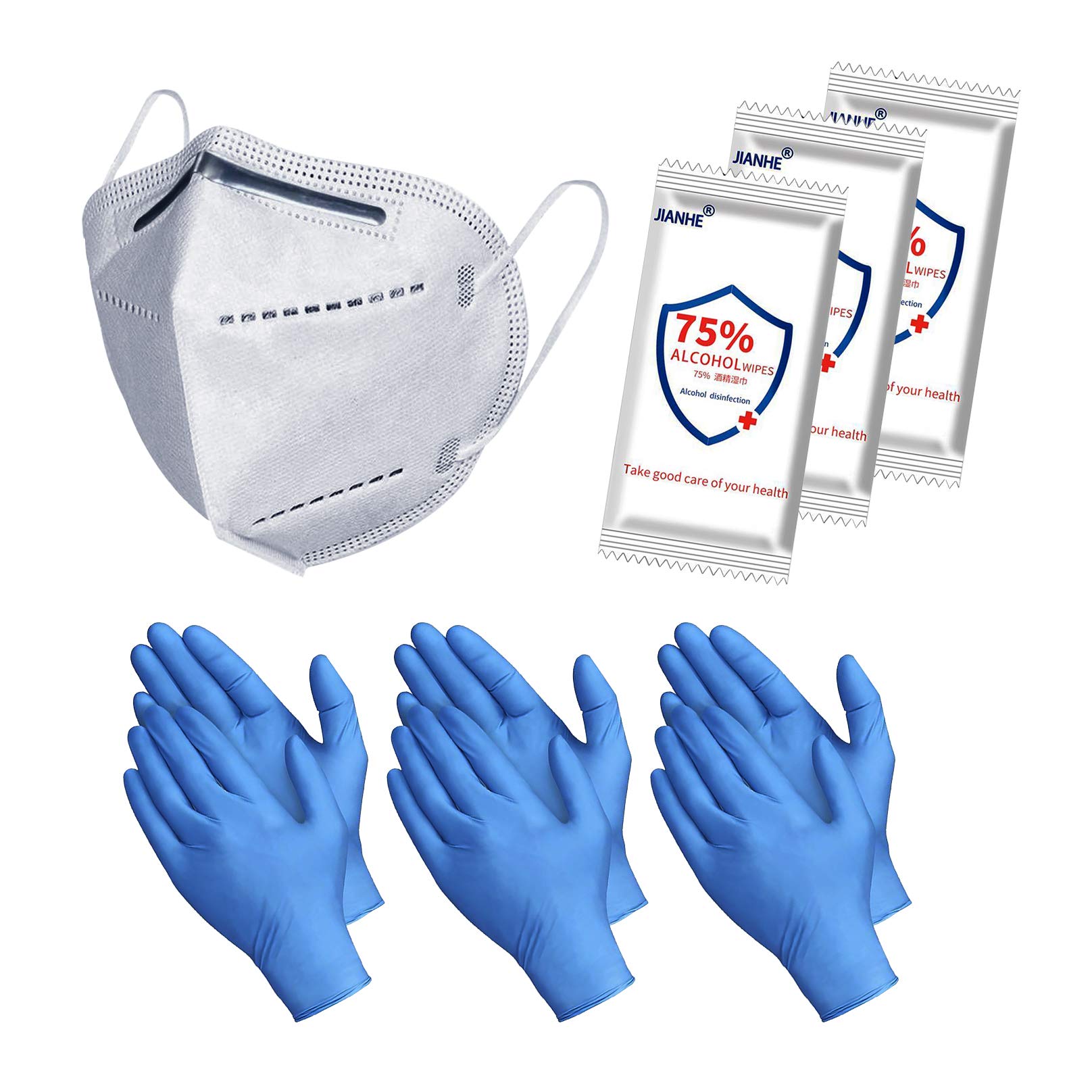 Primacare Disposable Face Masks & Gloves Set with Sanitizing Wipes - 50 Pack, 3-Ply Breathable Protective Gear for Adults, FDA Approved - Perfect for Travel, Work, and Daily Protection Against Germs & Viruses