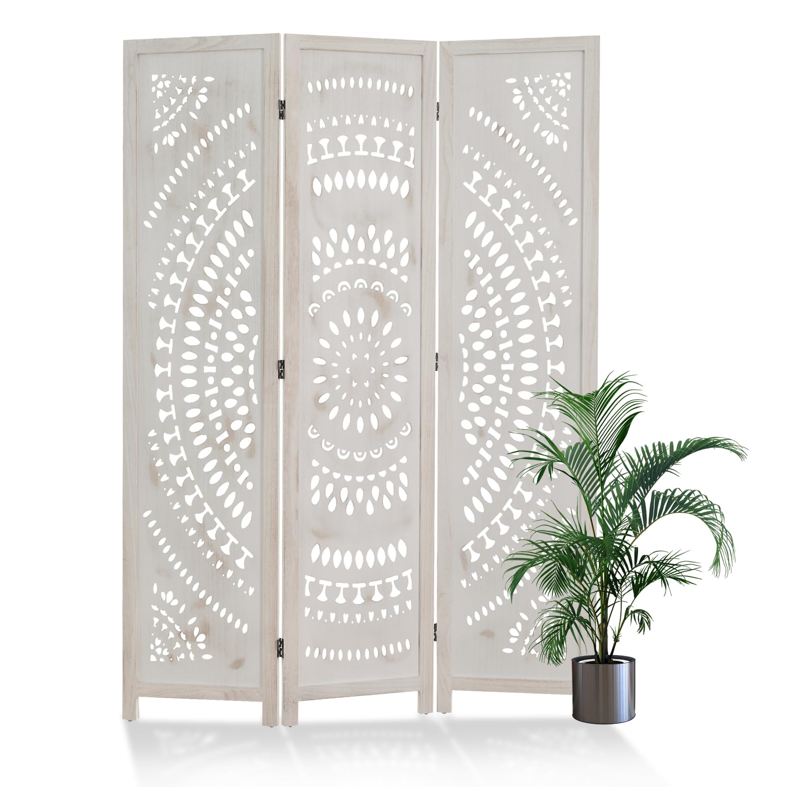 Handcrafted Wooden Room Divider Screen - 3 Panel Folding Partition with Bohemian Carvings for Home, Office, Garden & Terrace (Antique White Finish) | Perfect for Creating Privacy Spaces, Room Separation & Decorative Accents