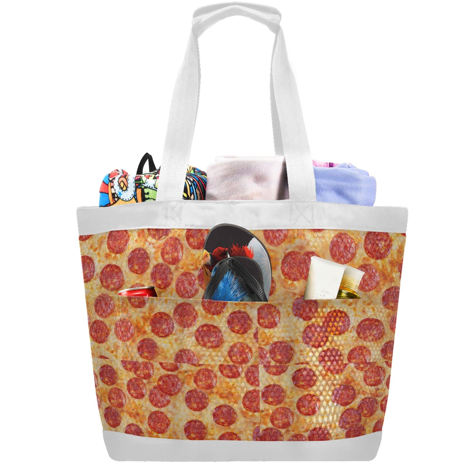 **J JOYSAY Large Lightweight Mesh Beach Tote Bag for Women - Waterproof Gym Bag for Pool, Sports, Travel & Shopping - Durable Pepperoni Pizza Design**