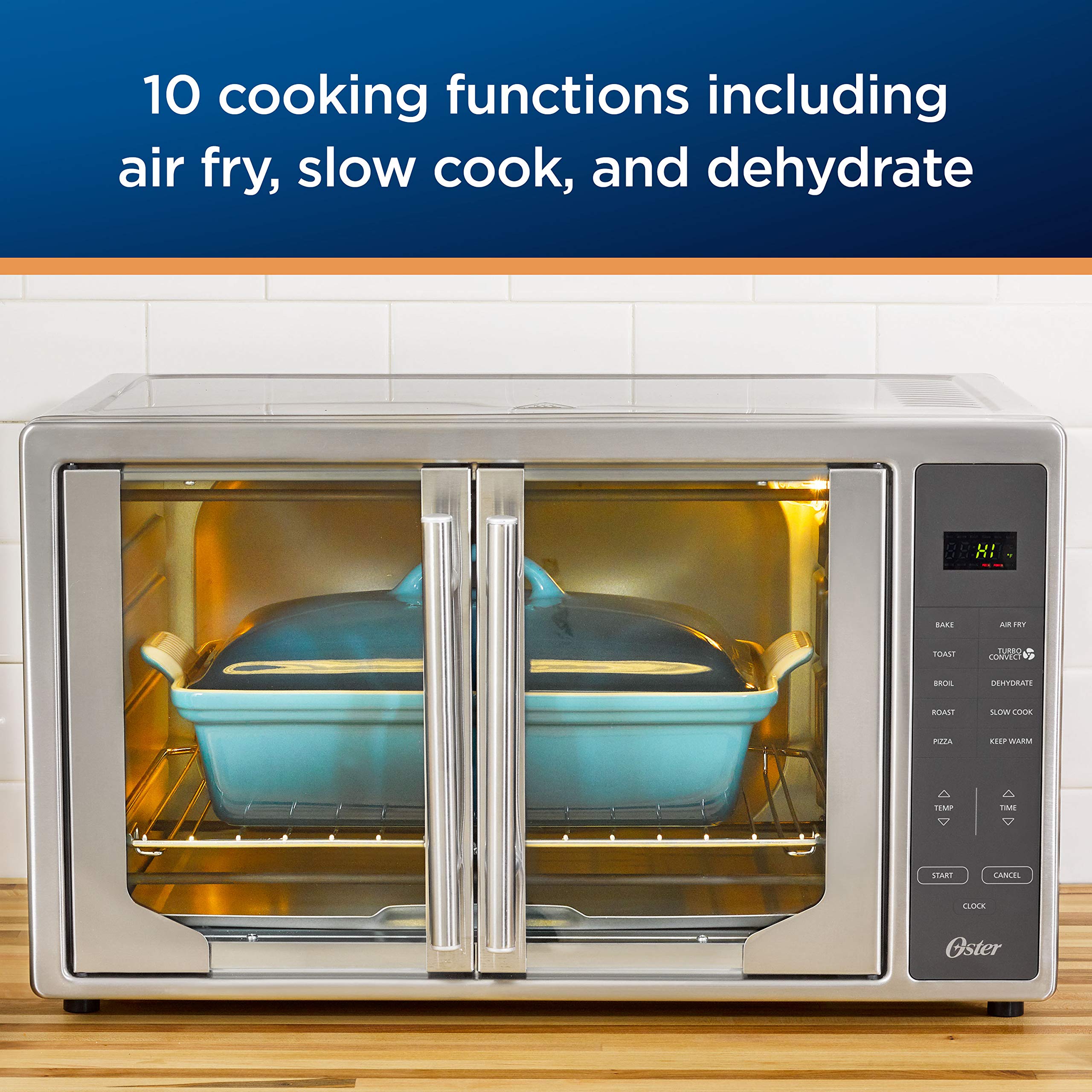 Oster 10-in-1 Air Fryer Toaster Oven with XL Capacity - Stainless Steel French Door Design - Fits 2 Pizzas - Perfect for Family Cooking, Baking, and Healthy Air Frying