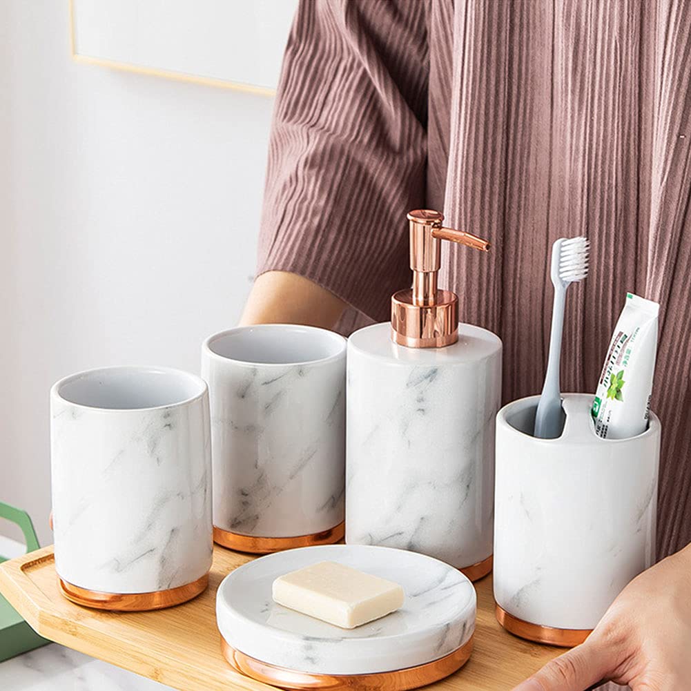 Luxury 5-Piece Marble Look & Rose Gold Bathroom Accessory Set - Ceramic Soap Dish, Soap Dispenser, Toothbrush Holder - Elegant Home Decor for Modern Bathrooms, Spa-Like Experience
