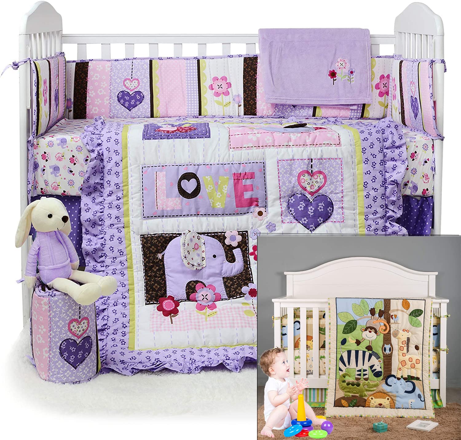 Brandream 6-Piece Baby Crib Bedding Set - Soft Nursery Bedding with Purple Elephant Floral & Jungle Animal Print for Boys and Girls | Perfect for Newborn Nursery Decor, Baby Shower Gift & Cozy Sleep Time