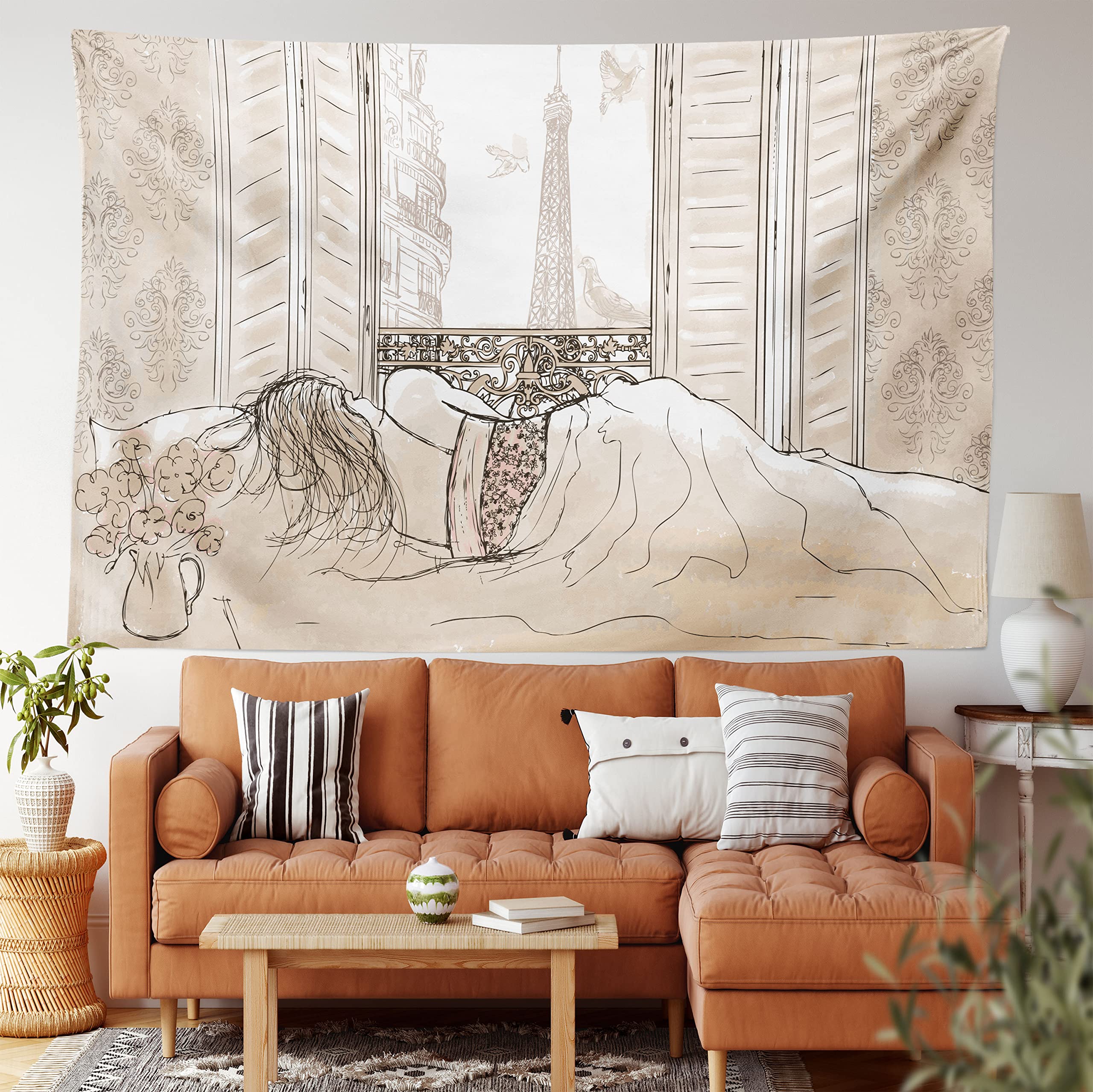 Ambesonne Paris Tapestry Wall Art - Romantic Sketch of Parisian Woman Sleeping with Eiffel Tower View | 28x23 Inch Cream Fabric Wall Hanging Decor for Bedroom, Living Room, Dorm | Perfect for French Theme Decor & Boho Chic Home Styling