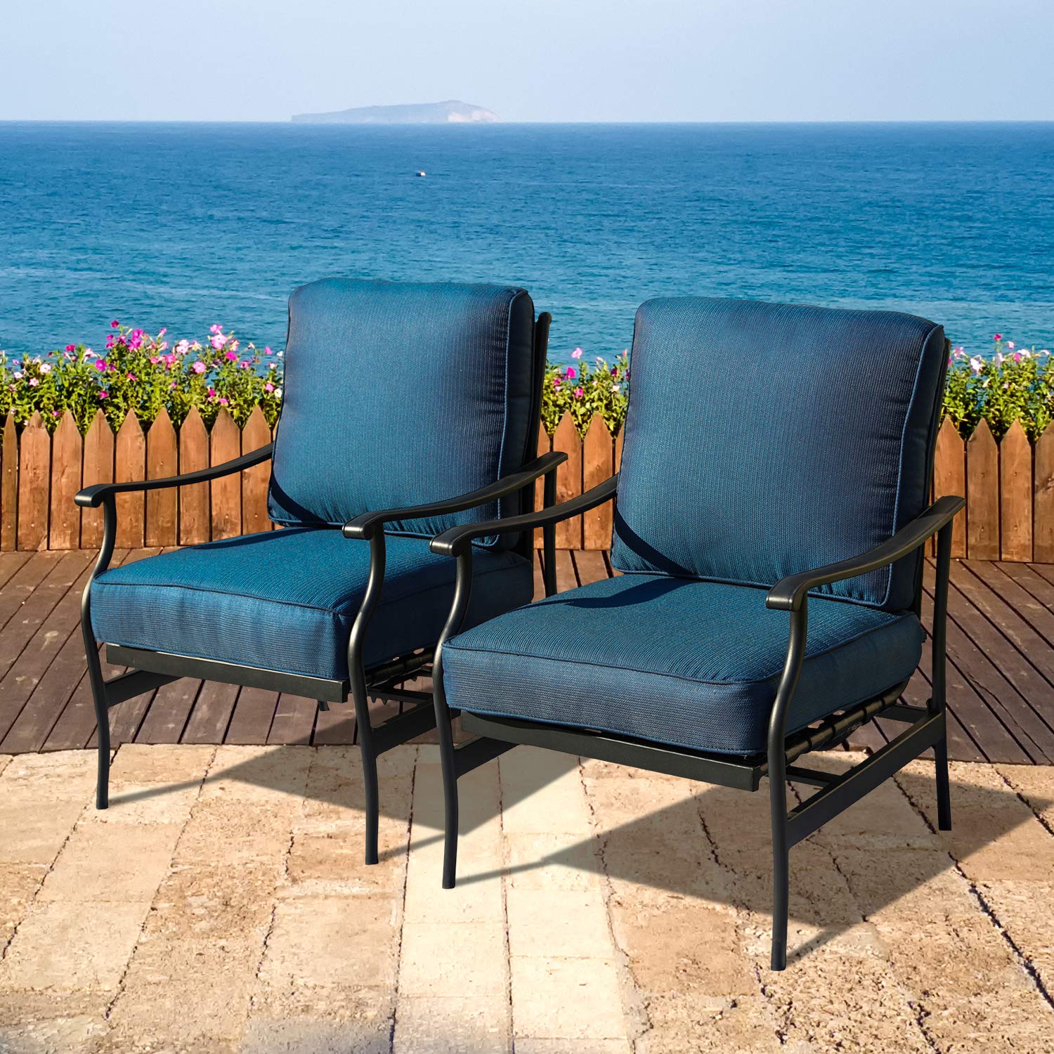 LOKATSE HOME 2-Piece Outdoor Patio Bistro Set - Wrought Iron Dining Chairs with Blue Cushions for Garden, Balcony & Backyard Relaxation