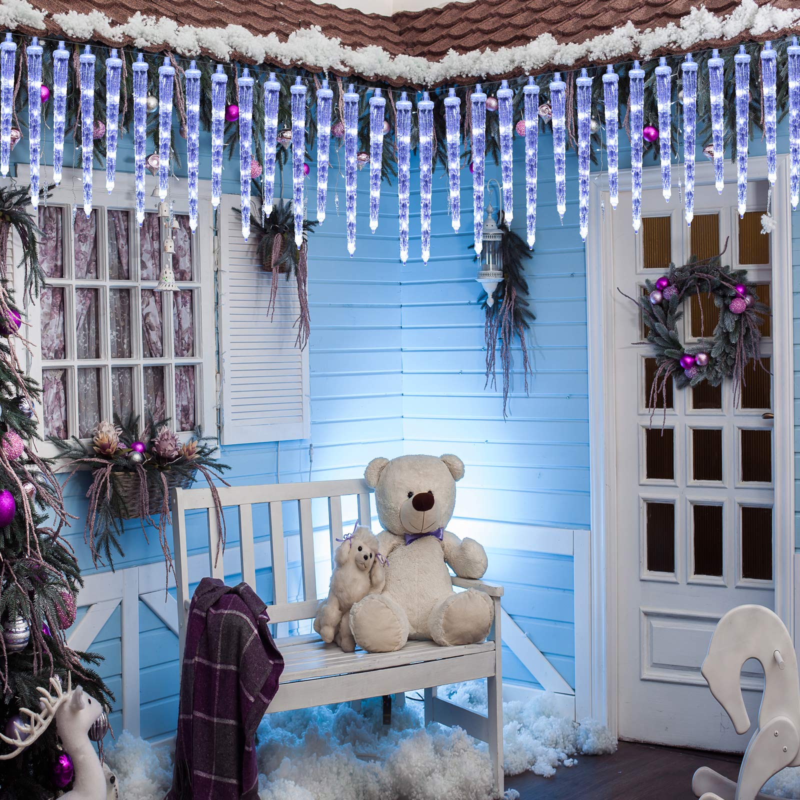90 LED White Icicle Christmas Lights - 20 Connectable Crystal Ice String Lights for Indoor & Outdoor Holiday Decor, Party, Tree, Roof, Window, Yard Decoration