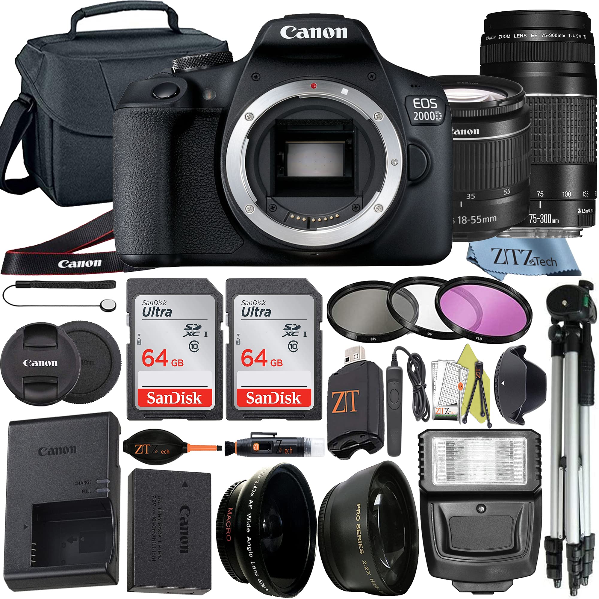 Canon EOS 250D / Rebel SL3 DSLR Camera Bundle with EF-S 18-55mm & EF 75-300mm Lenses, 64GB SanDisk Memory Card, Tripod, Camera Case & 24pc Accessories Kit - Perfect for Travel, Portrait & Wildlife Photography