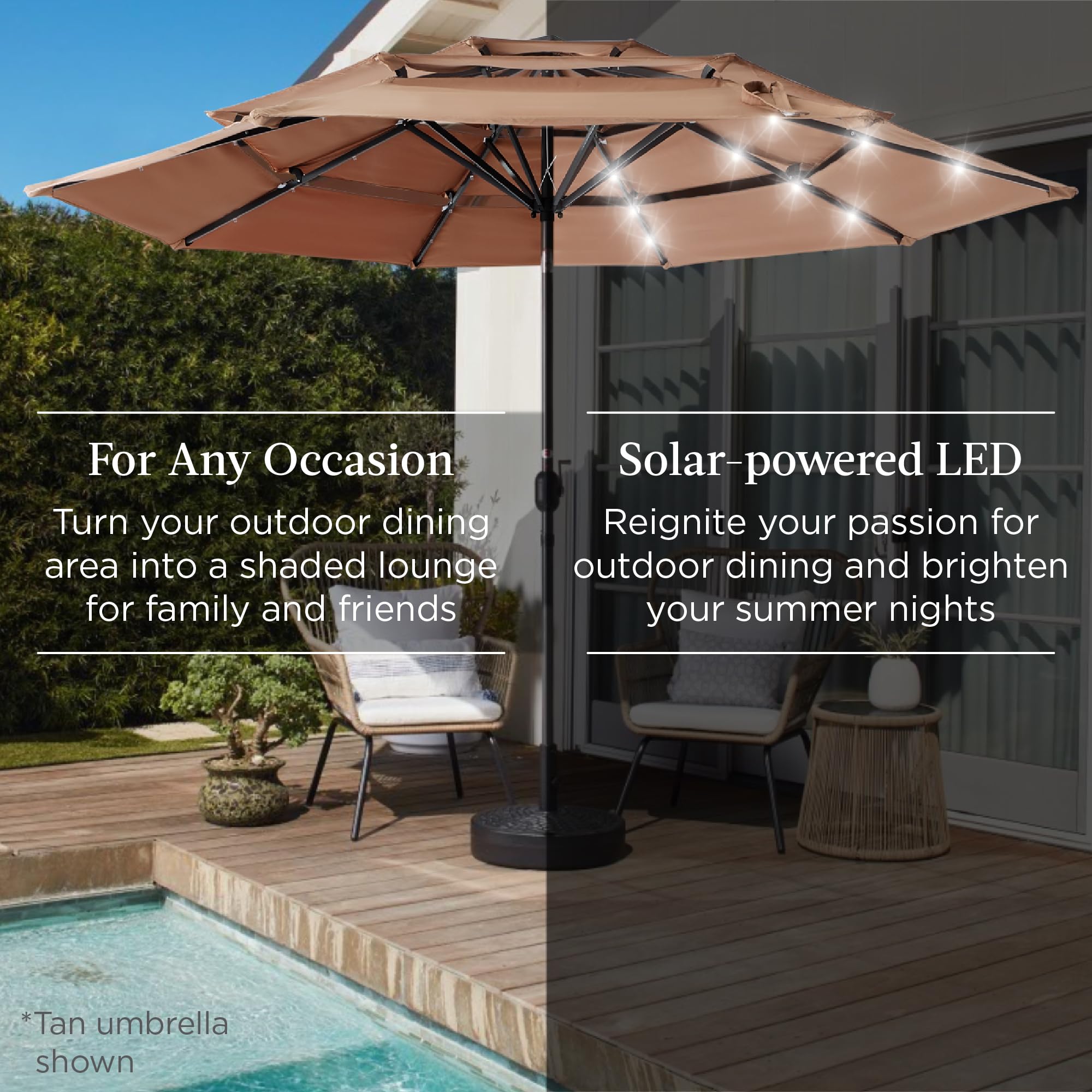 Best Choice Products 10ft 3-Tier Solar Patio Umbrella with 24 LED Lights - Adjustable Tilt & Easy Crank - Outdoor Sun Shade for Backyard, Deck, Poolside - Perfect for Summer BBQs, Beach Parties & Garden Relaxation