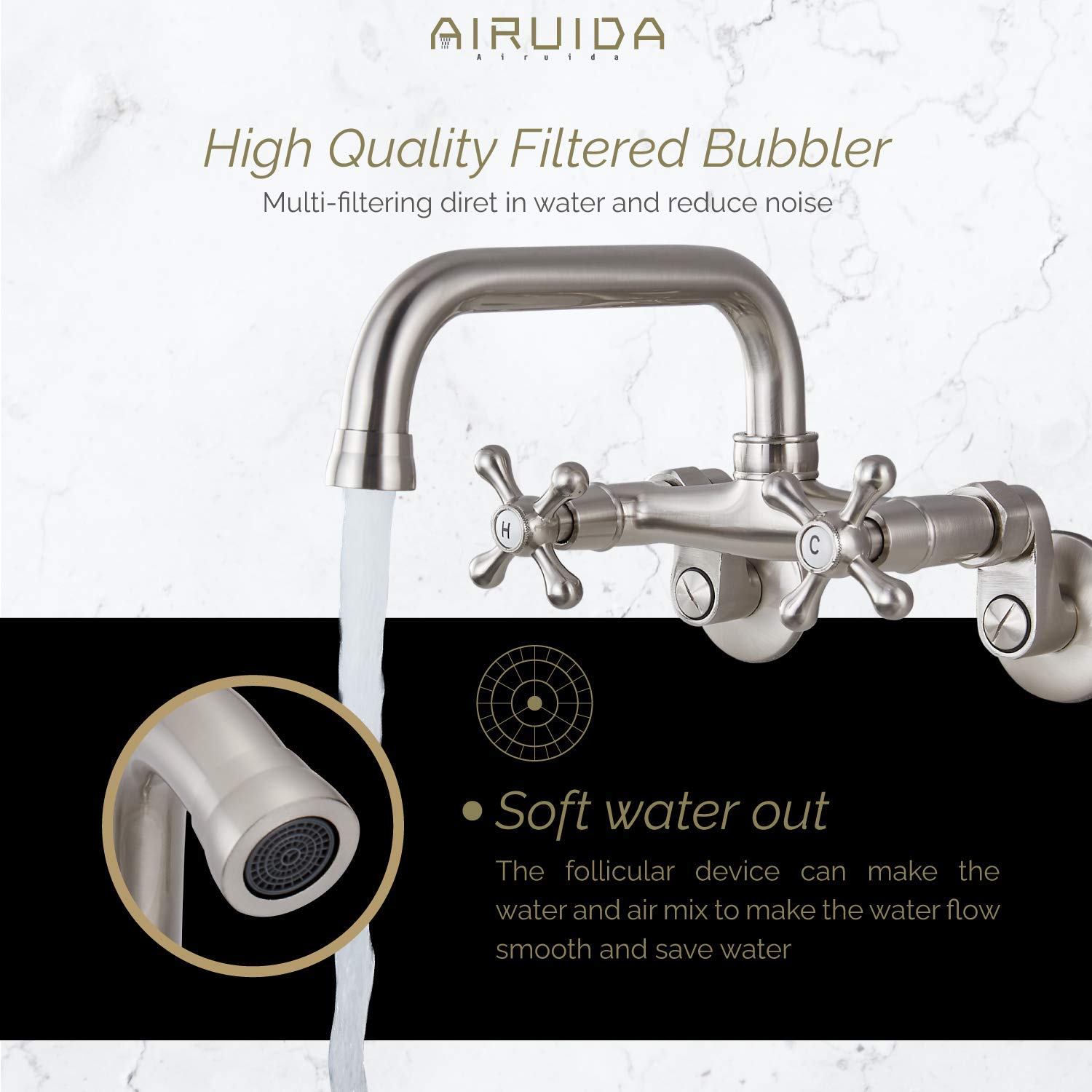 Airuida 8 Inch Brushed Nickel Wall Mounted Kitchen Sink Faucet - Durable & Stylish Tap for Modern Kitchens, Perfect for Compact Spaces and Sleek Design