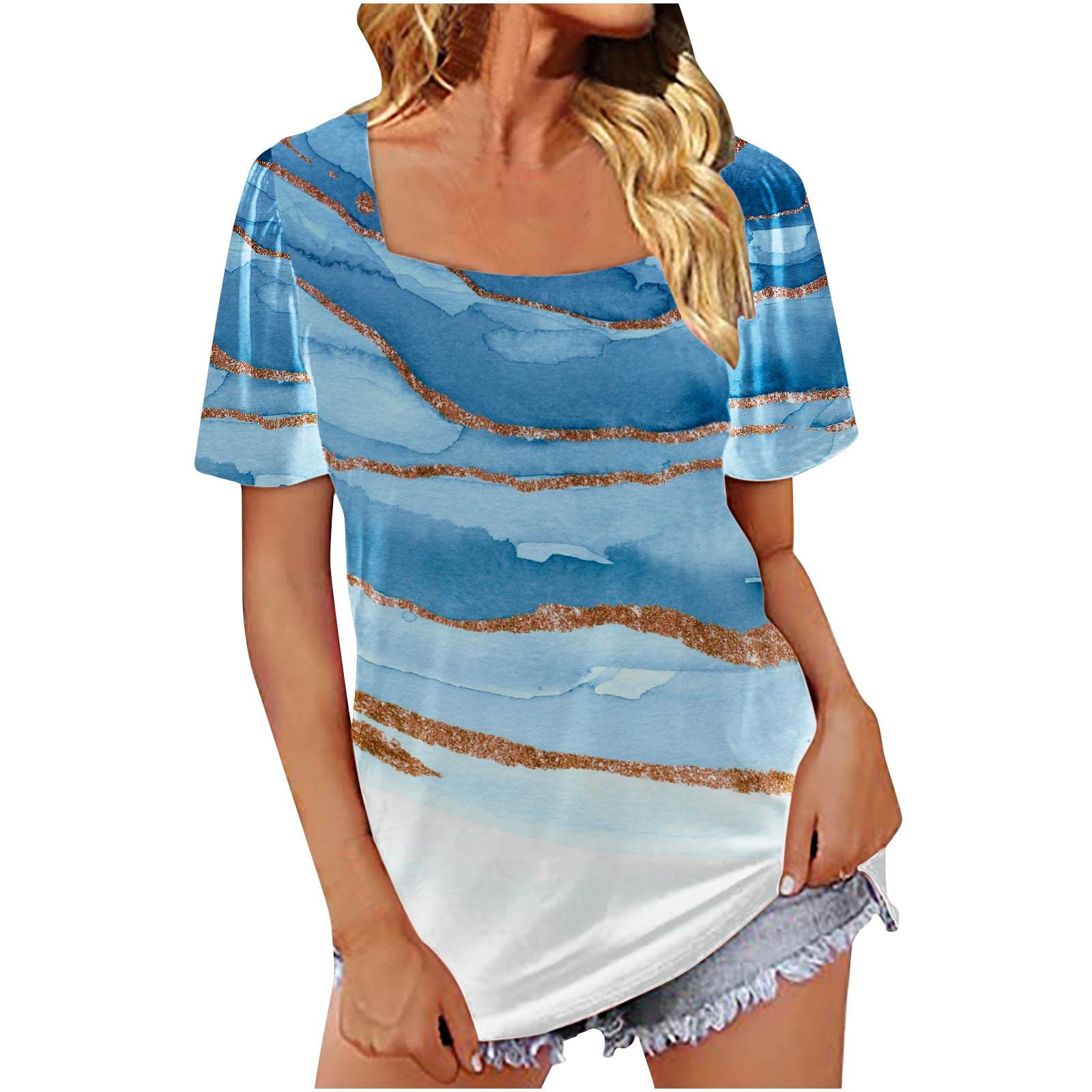 Women's Square Neck Puff Sleeve Casual T-Shirt - Loose Fit Solid Color Pullover Blouse for Work, Holiday & Everyday Wear