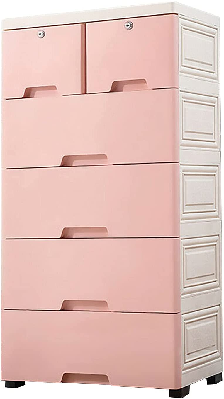 Pink 6-Drawer Plastic Kids Dresser with Wheels - Portable Closet Storage Cabinet for Bedroom Organization, Clothes & Toys - Ideal for Home, Nursery, Dorm Room & Small Spaces