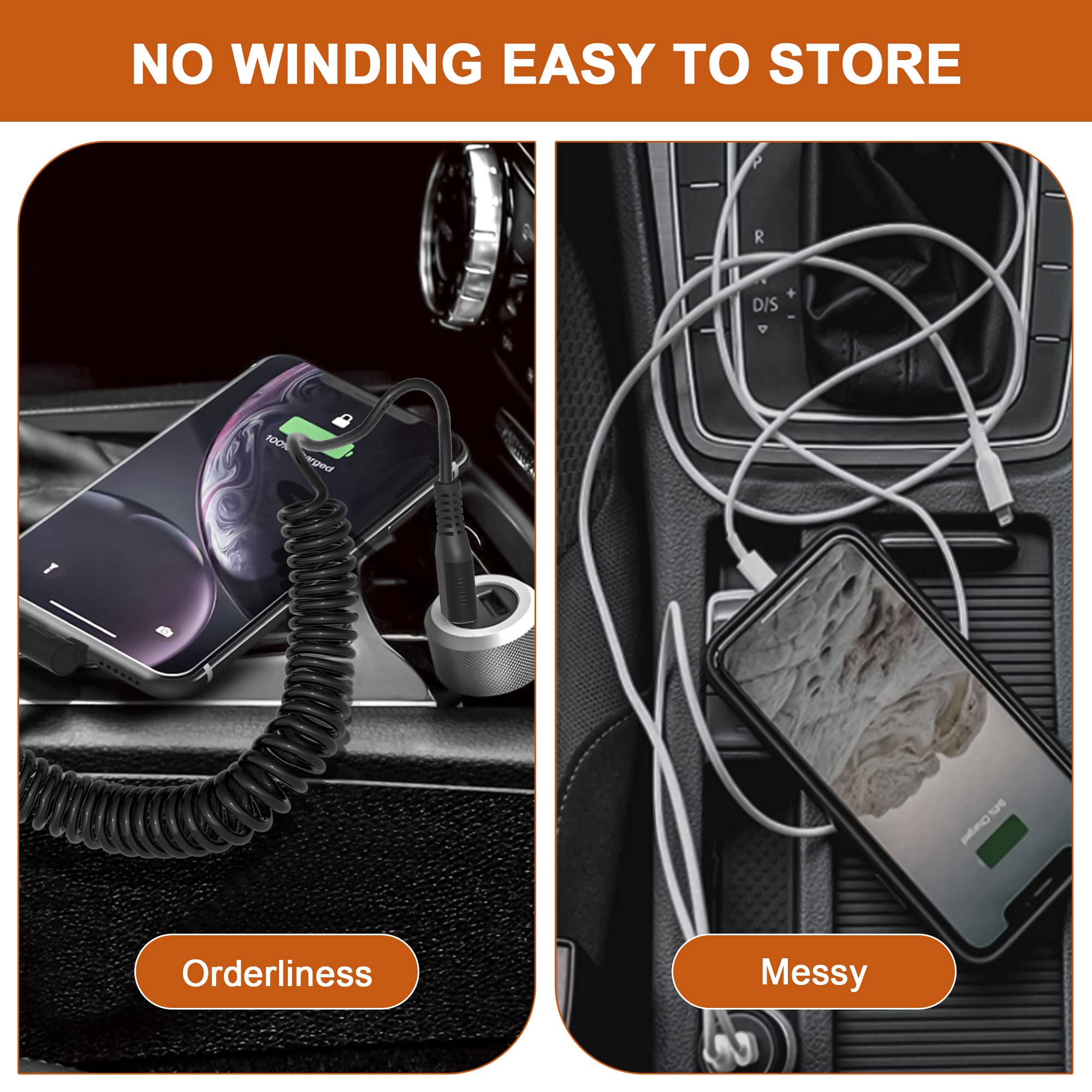 MFi Certified Right Angle Lightning Cable - 2.4A Fast Charging & Data Sync - Coiled CarPlay Charger for iPhone 13/12/11/Pro/X/XS/Max/Plus - Perfect for Car Dashboard & Tight Spaces