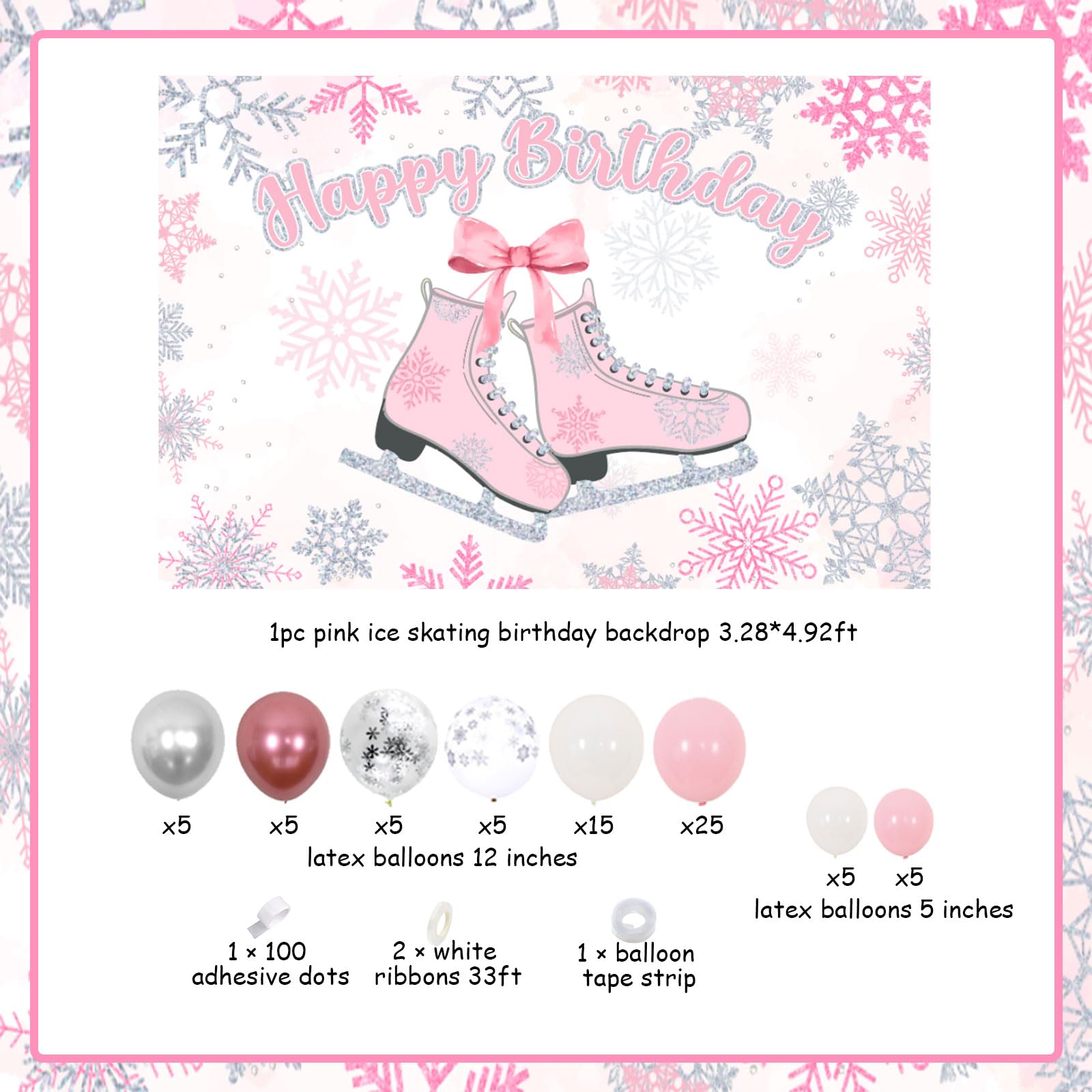 Pink Ice Skating Birthday Party Decorations for Girls - Winter Snow Theme Party Supplies with Happy Birthday Backdrop - Perfect for Ice Skating Themed Parties, Winter Celebrations & Snow Princess Birthday Decorations