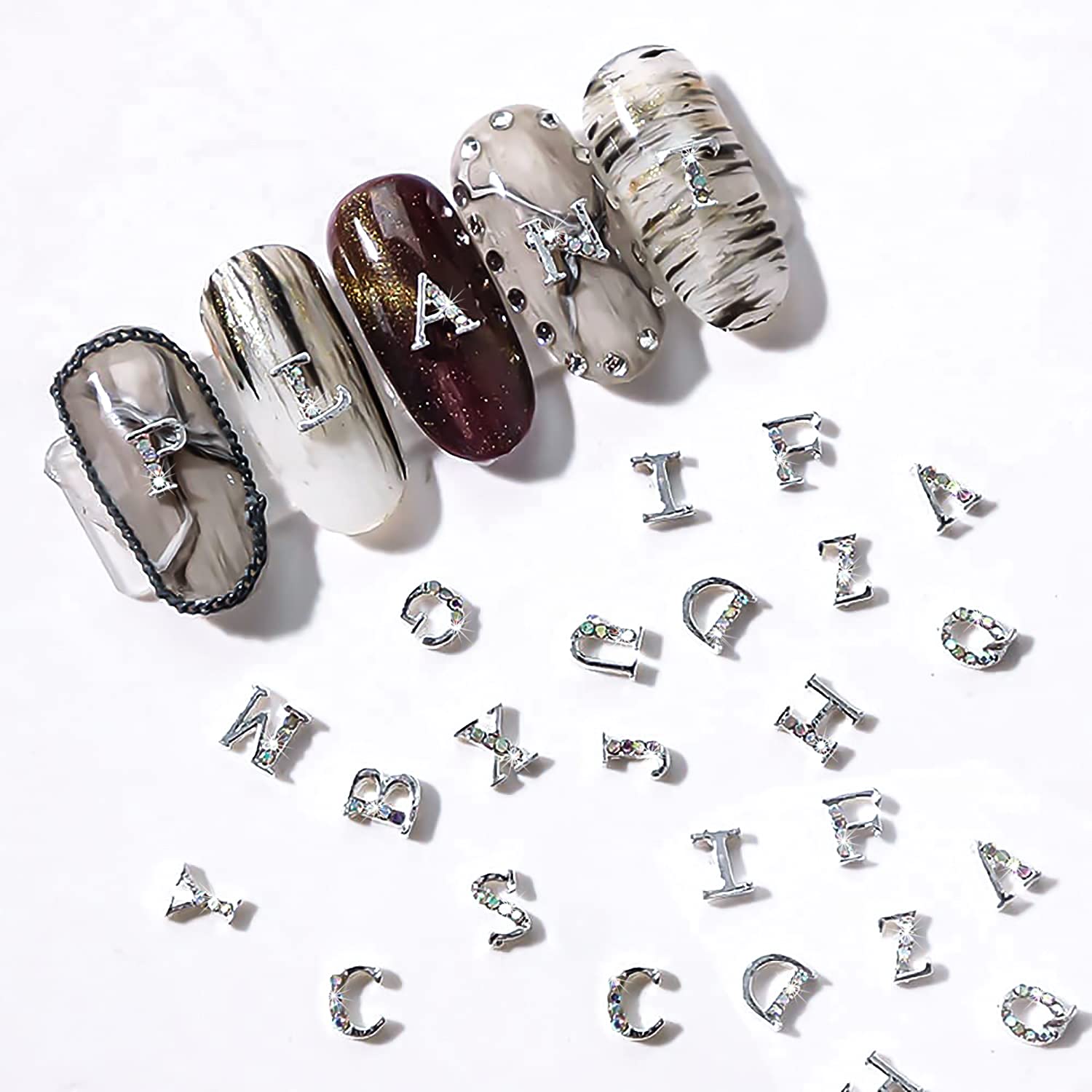 WOKOTO 104Pcs 4 Colors 3D Letter Nail Charms - Gold Rose Gold Silver Black Alphabet Nail Art Gems for Acrylic Nails, DIY Nail Design Jewelry for Women & Girls | Perfect for Manicures, Parties, Gifts & Nail Art Creations