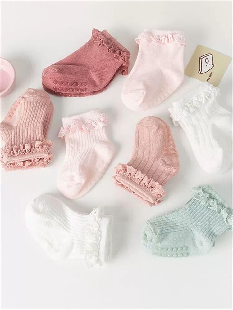 DRESHOW BQUBO Non-Slip Baby Socks for Girls - Cute Ruffled Ankle Grip Socks for Infants & Toddlers | Perfect for Playtime, Crawling & First Steps
