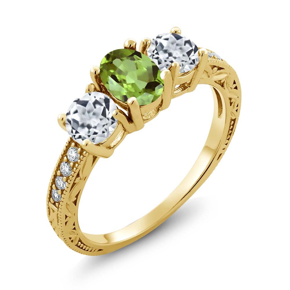 1.92 Ct Oval Green Peridot & White Topaz 18K Yellow Gold Plated Silver Ring for Women - Elegant Birthstone Jewelry Gift for Mother's Day, Anniversary & Special Occasions