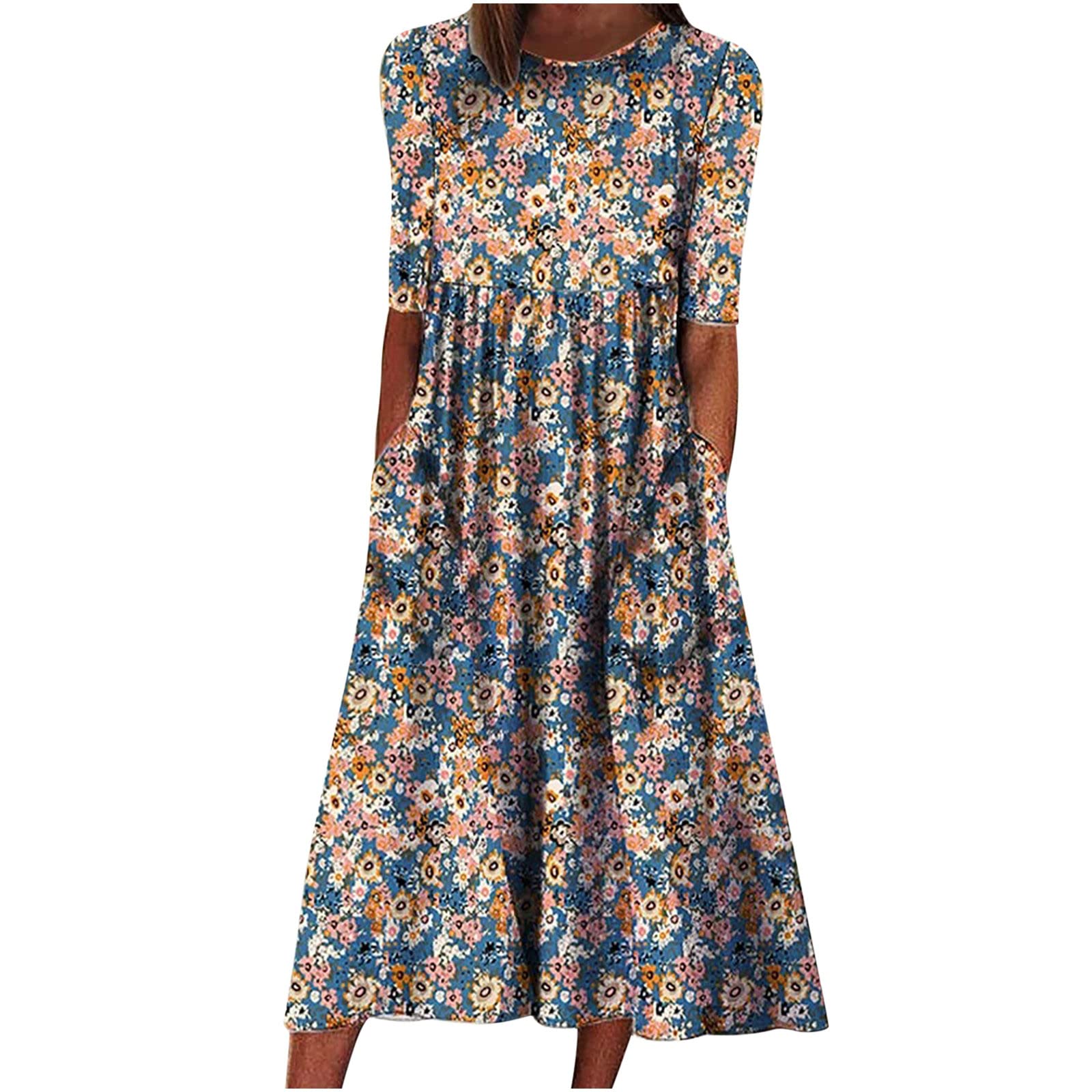 MIANHT Women's Summer Casual Floral Print Round Neck Half Sleeve Shirt Dress with Pockets | Breathable Comfort Dress for Beach, Vacation & Daily Wear