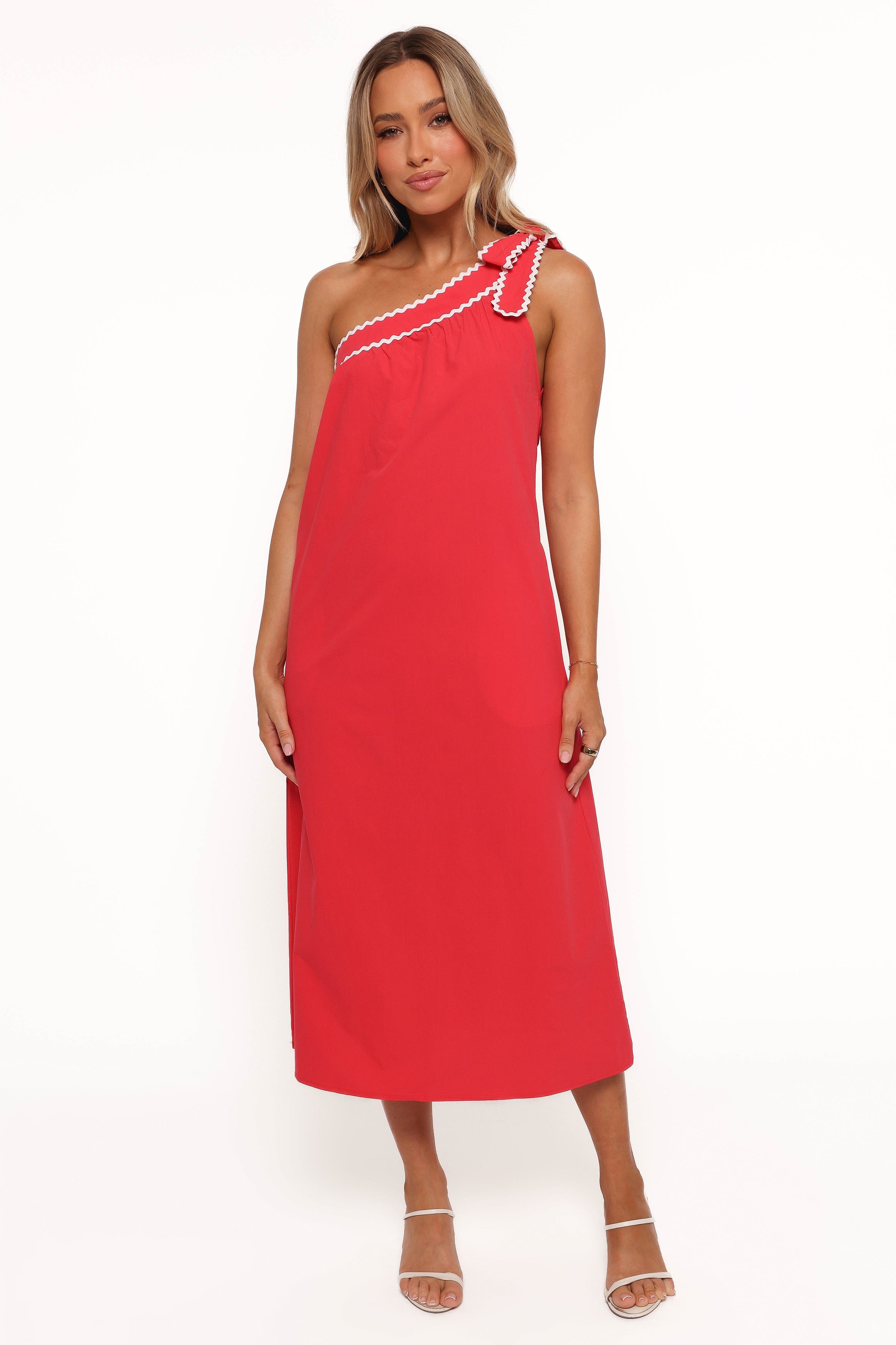 Brynlee One Shoulder Midi Dress for Women - Elegant Red & White Floral Summer Dress for Cocktail Parties, Date Nights & Beach Vacations