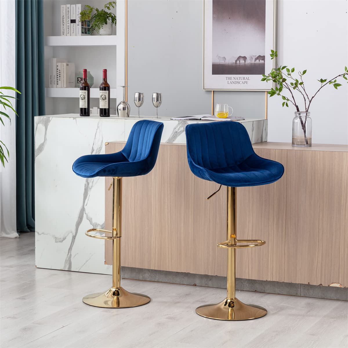 TRIPLE TREE Velvet Bar Stools Set of 2 - Adjustable Counter Height Bar Chairs with Backrest & Footrest, Gold Metal Base Swivel Stools for Kitchen Island, Dining Room & Home Bar - Navy Blue Velvet Upholstery | Perfect for Entertaining, Breakfast Nooks & Modern Home Decor