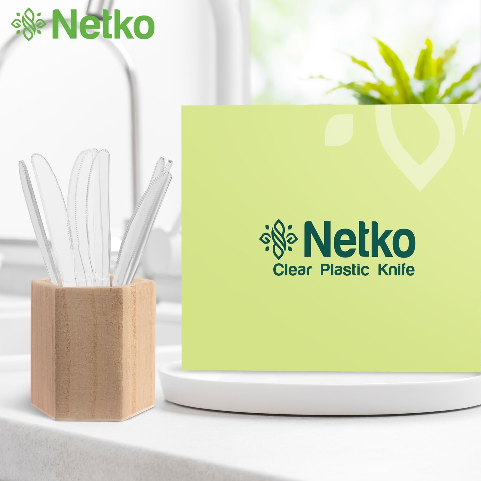 Netko Heavy Duty Plastic Knives - 300 Pack Disposable Clear Plastic Cutlery with Engraved Design for Parties, Picnics & Catering Events | BPA-Free Durable Plastic Knives