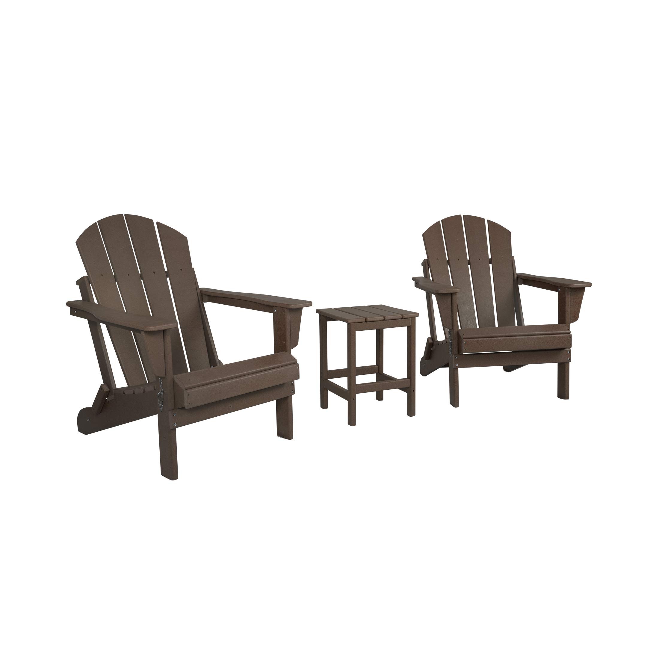 WO Home Furniture 3-Piece Outdoor Adirondack Chair Set with Side Table - Weatherproof & UV Resistant Folding Patio Furniture for Lawn, Garden, Fire Pit, Balcony, Deck (Dark Brown) - Perfect for Backyard Relaxation, Camping, and Outdoor Entertaining