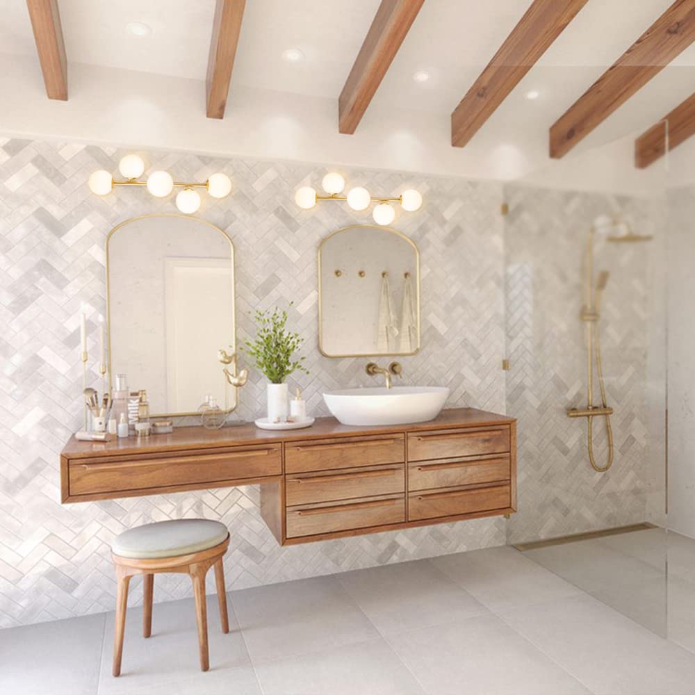 Vintage Brass Bathroom Vanity Lights - 5-Light Mid Century Modern Fixture with Milk Glass Globes, Gold Finish, G9 Base - Perfect for Bathroom, Powder Room & Dressing Area Lighting