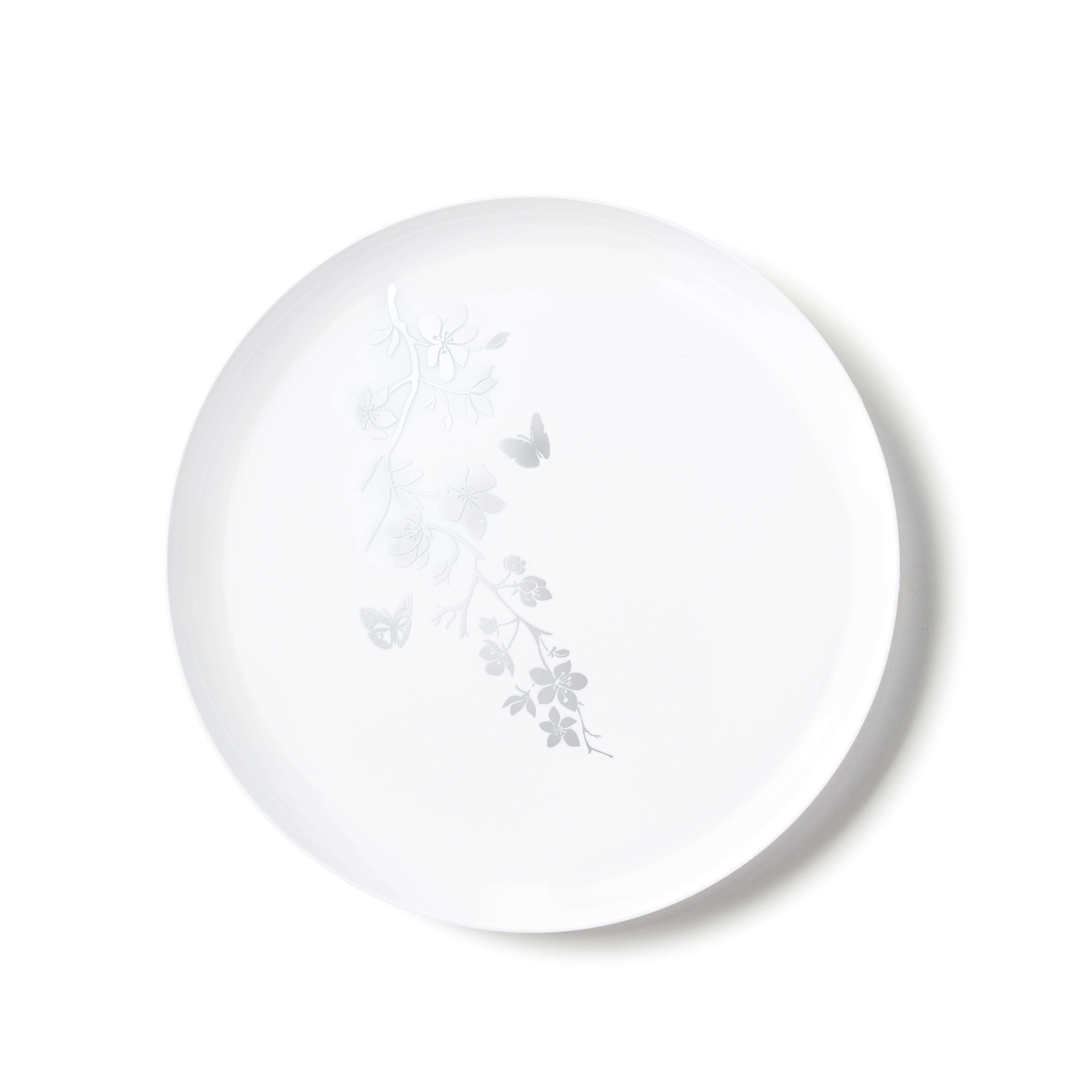 White and Silver Round Plastic Plates - Durable Outdoor Dinnerware for Garden Parties, Picnics, and BBQs