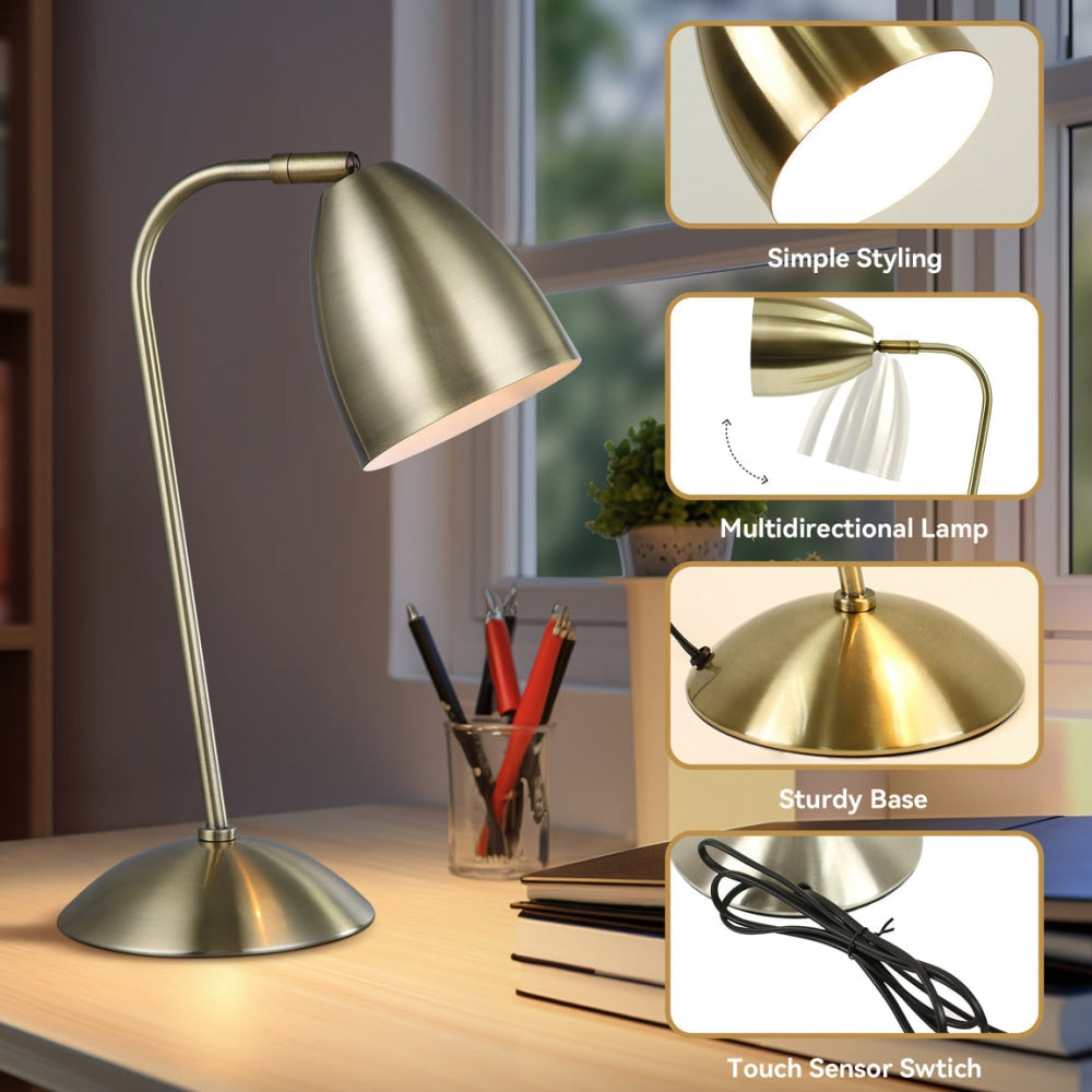 Ambi View Accent Touch Table Lamp - Adjustable Office Desk Light with Metal Shade in Antique Brass Finish - Perfect for Home Office, Study & Reading Nook