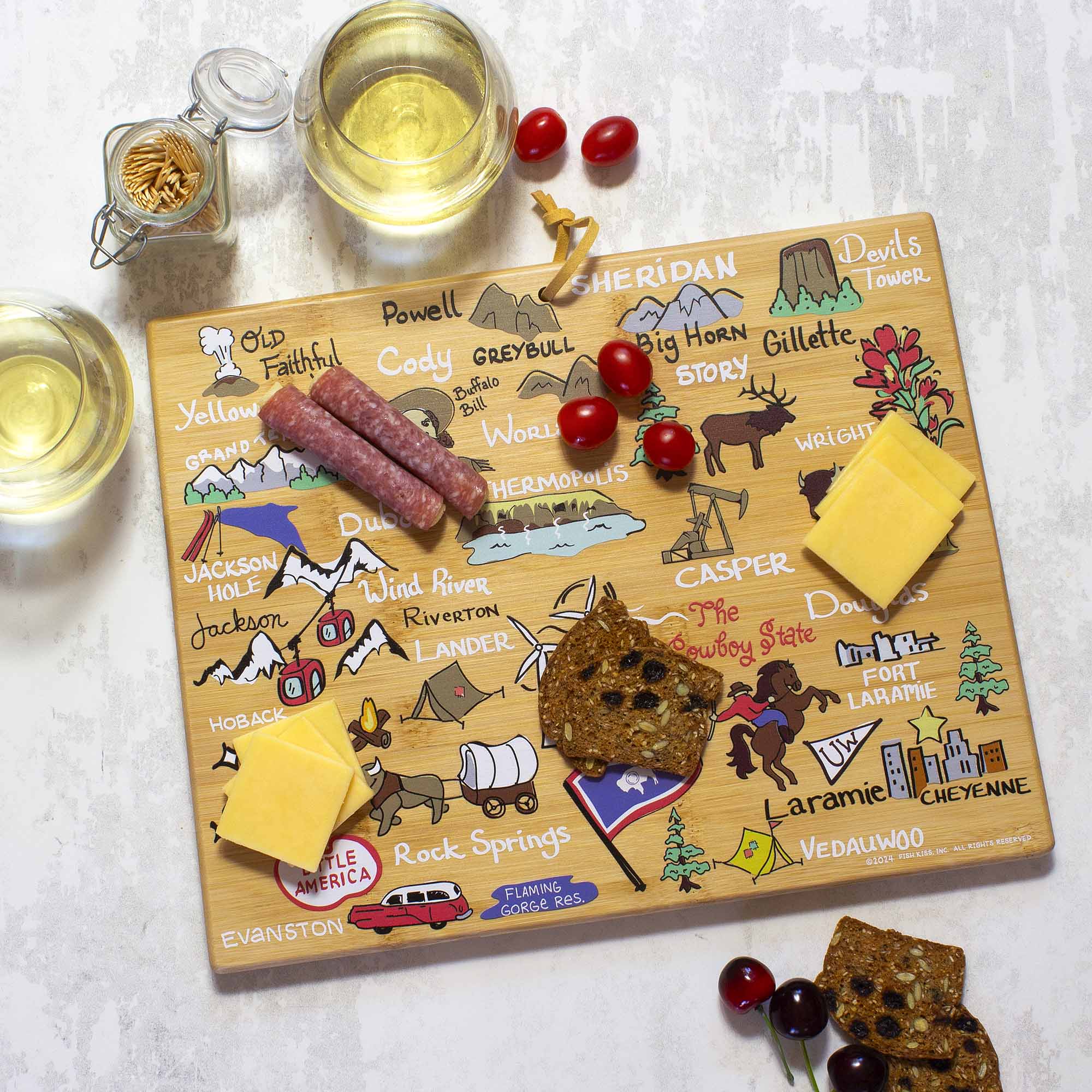 Premium Wyoming Wood Cutting Board with Fish Kiss™ Artwork - Durable Kitchen Essential for Chopping, Serving & Decor